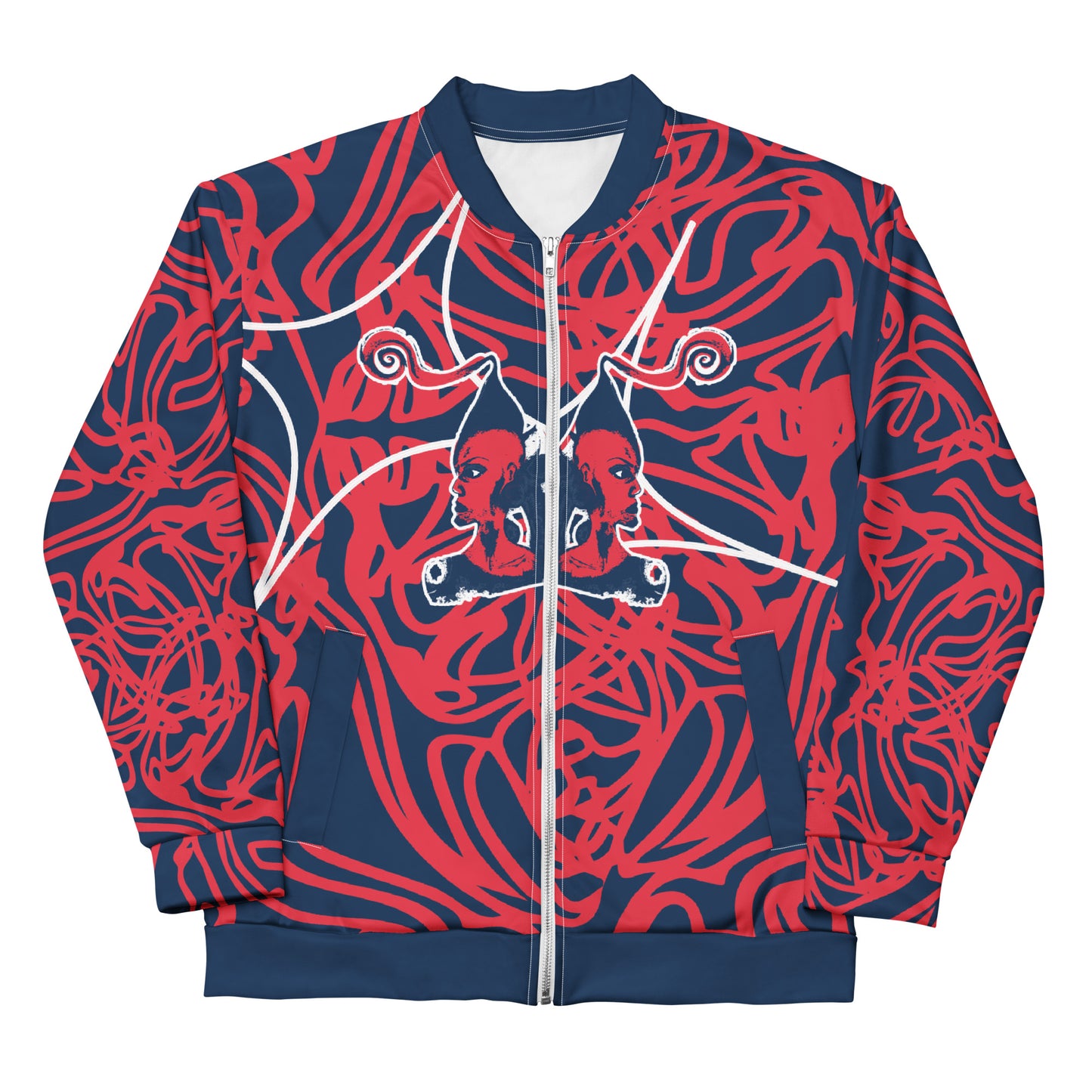 Bold navy and red streetwear bomber jacket featuring hand-drawn tribal patterns and mirrored face design, culturally inspired and crafted for a modern, edgy look – KLOE fashion.