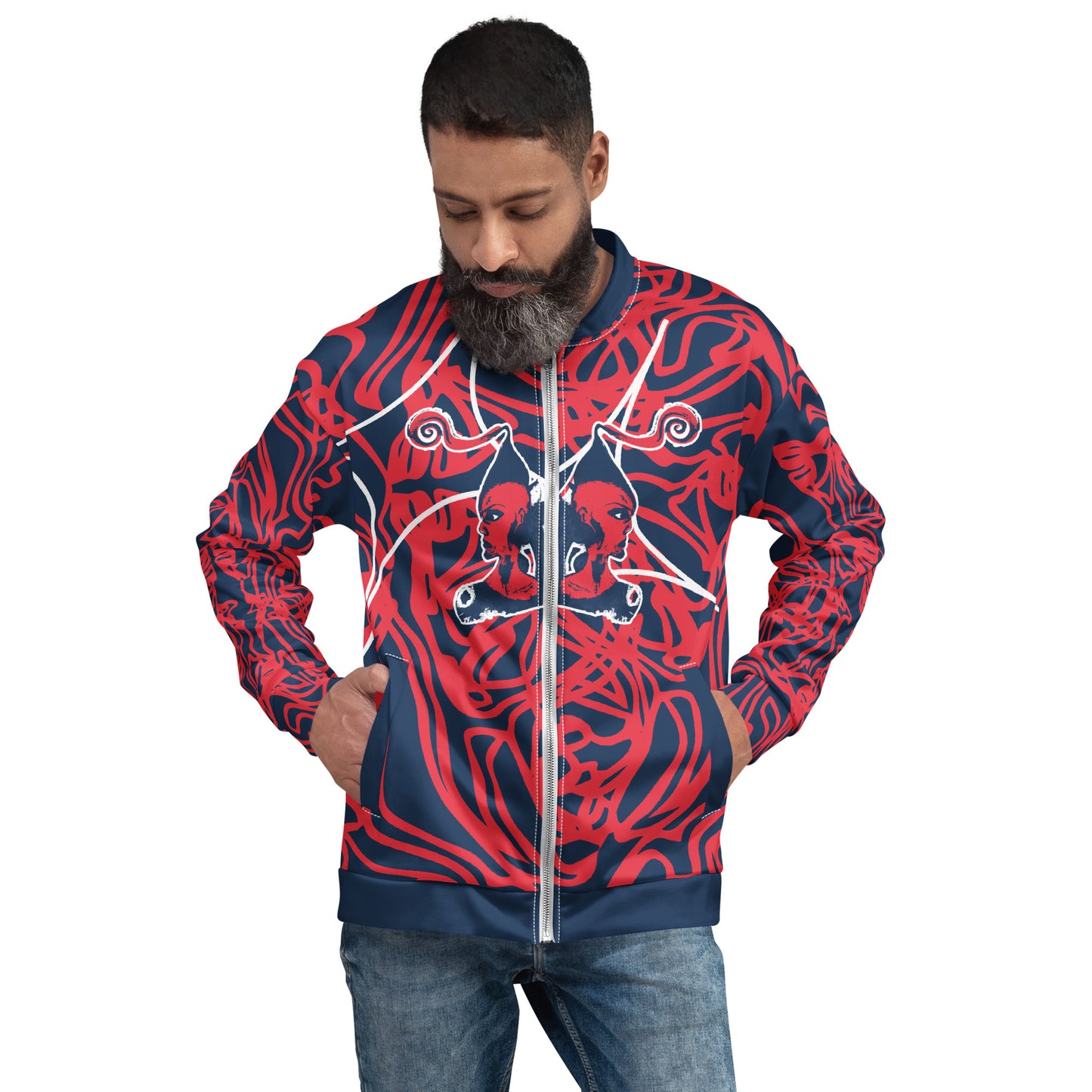 Bold navy and red streetwear bomber jacket featuring hand-drawn tribal patterns and mirrored face design, culturally inspired and crafted for a modern, edgy look – KLOE fashion.
