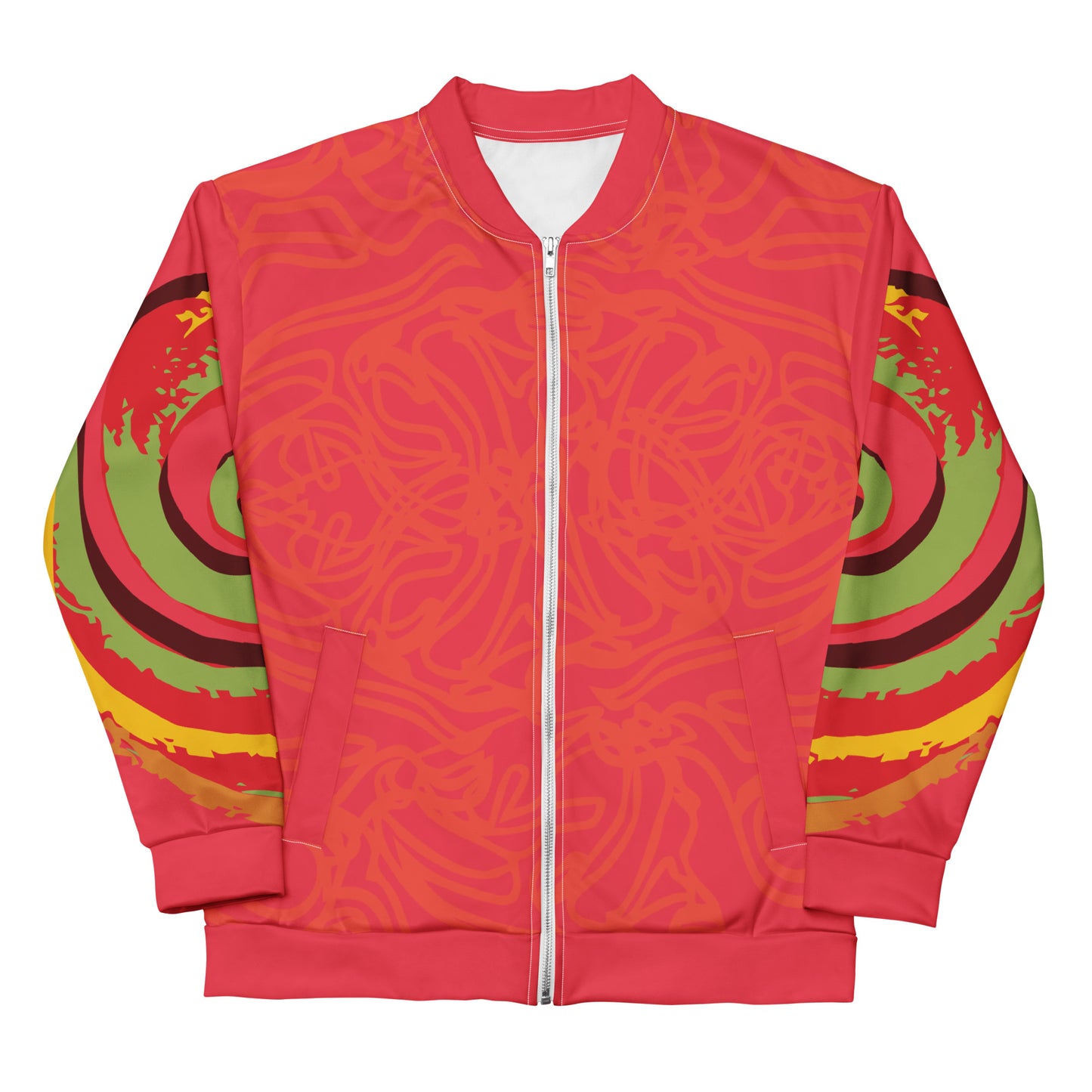 Red bomber jacket with vibrant swirl sleeve details and mirrored face design on the back, inspired by cultural art and bold self-expression.