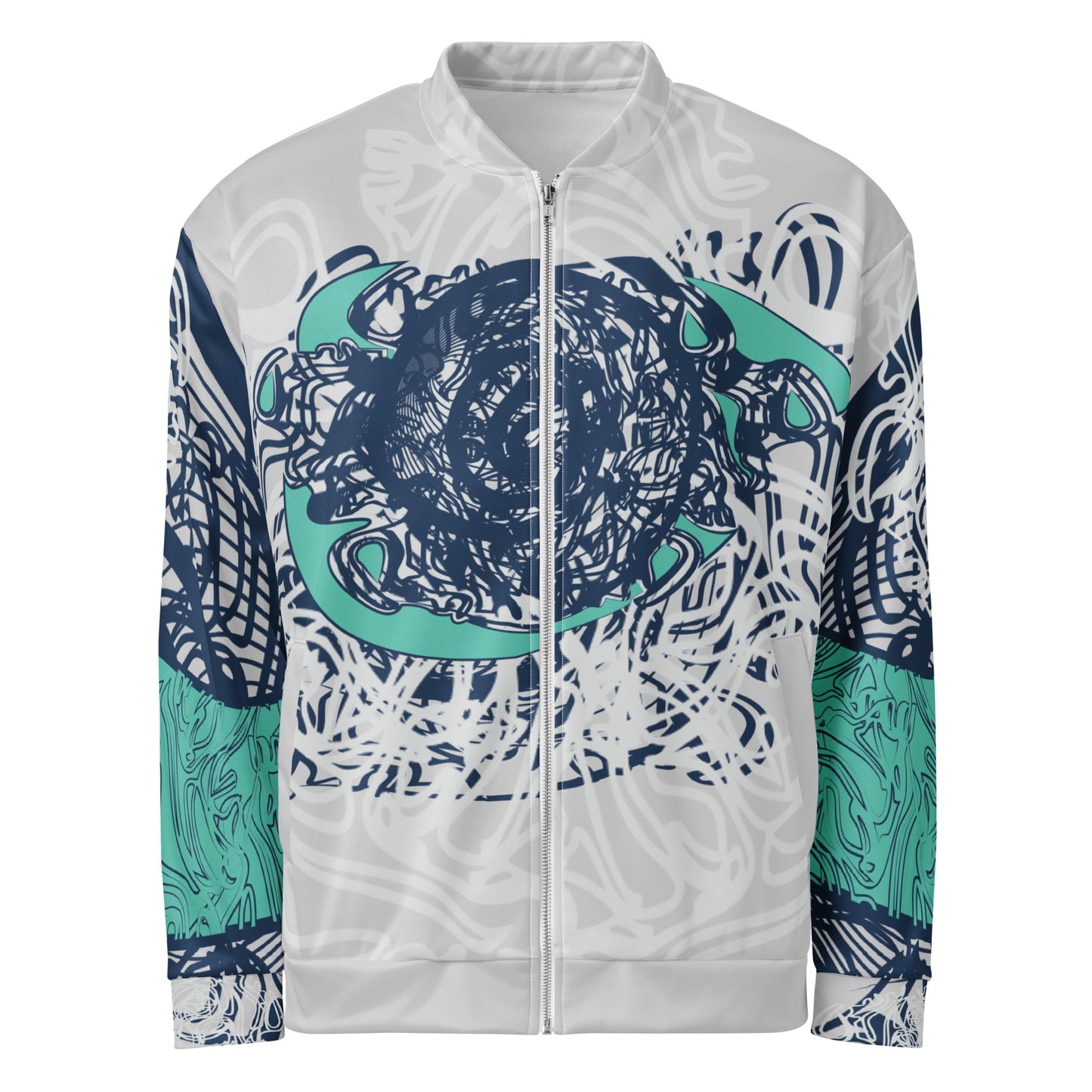 Unisex bomber jacket with full-body abstract print in navy and jade, featuring hand-drawn mirrored faces and layered spiral motifs—designed for standout individuality.