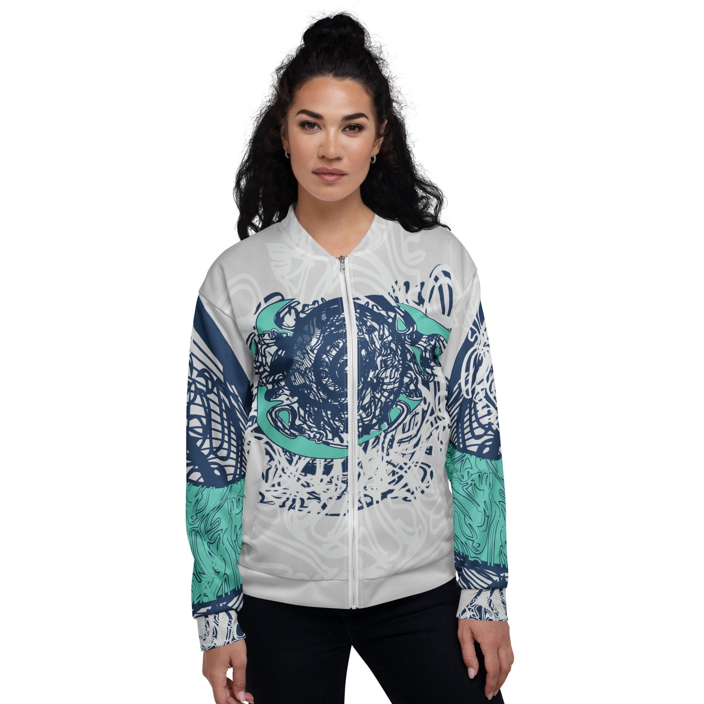 Unisex bomber jacket with full-body abstract print in navy and jade, featuring hand-drawn mirrored faces and layered spiral motifs—designed for standout individuality.