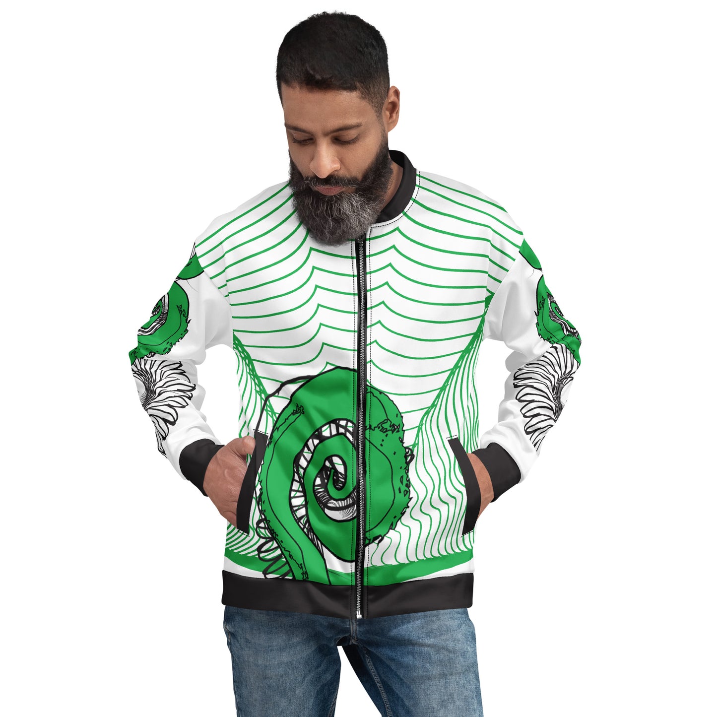 Hand-illustrated unisex bomber jacket featuring bold green spirals and a drawing of two mirrored faces — designed for fearless self-expression and rooted in global artistic influence, exclusive to KLOE.
