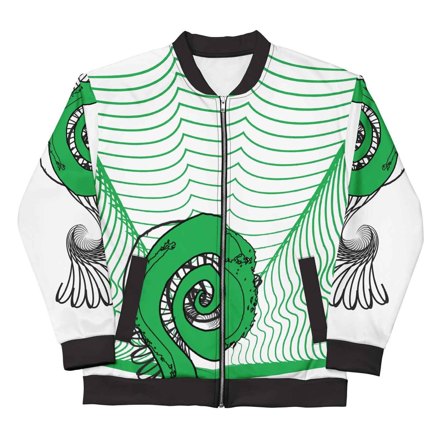 Hand-illustrated unisex bomber jacket featuring bold green spirals and a drawing of two mirrored faces — designed for fearless self-expression and rooted in global artistic influence, exclusive to KLOE.
