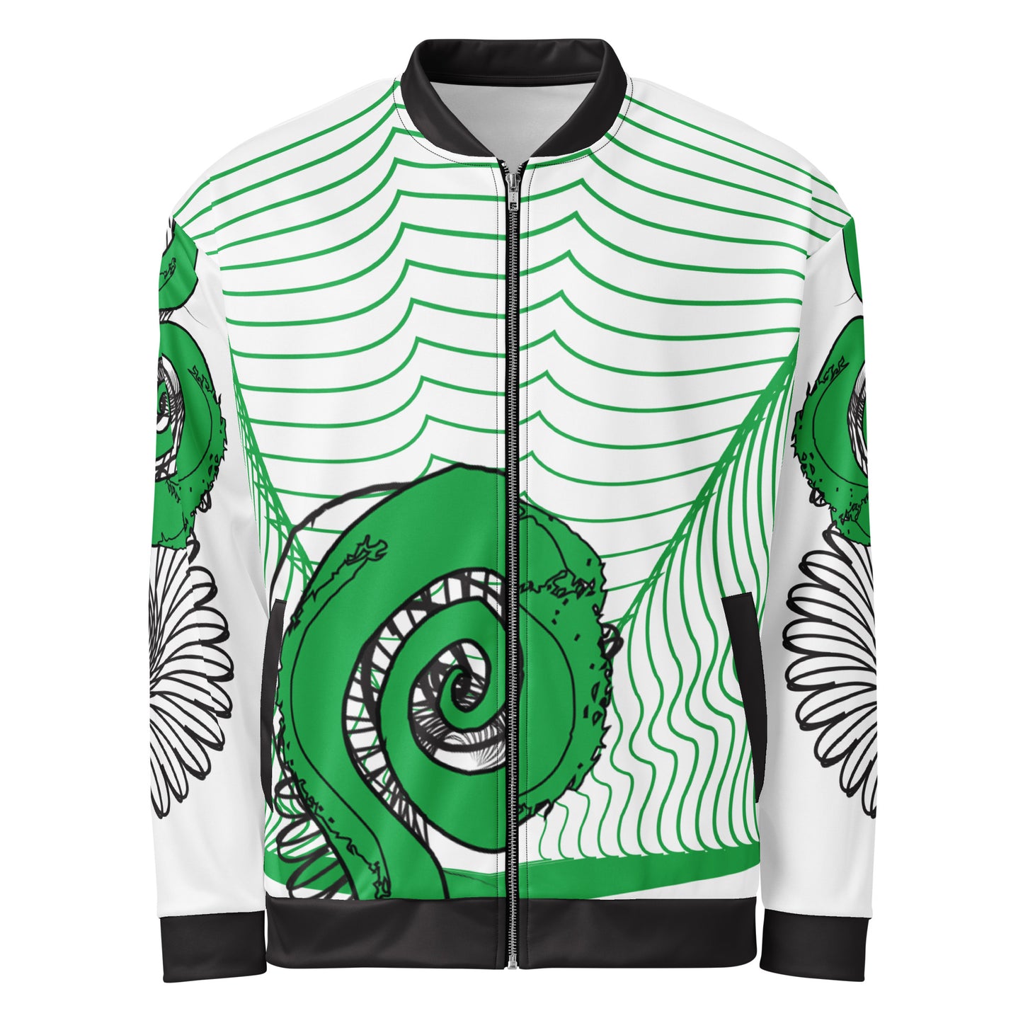 Hand-illustrated unisex bomber jacket featuring bold green spirals and a drawing of two mirrored faces — designed for fearless self-expression and rooted in global artistic influence, exclusive to KLOE.