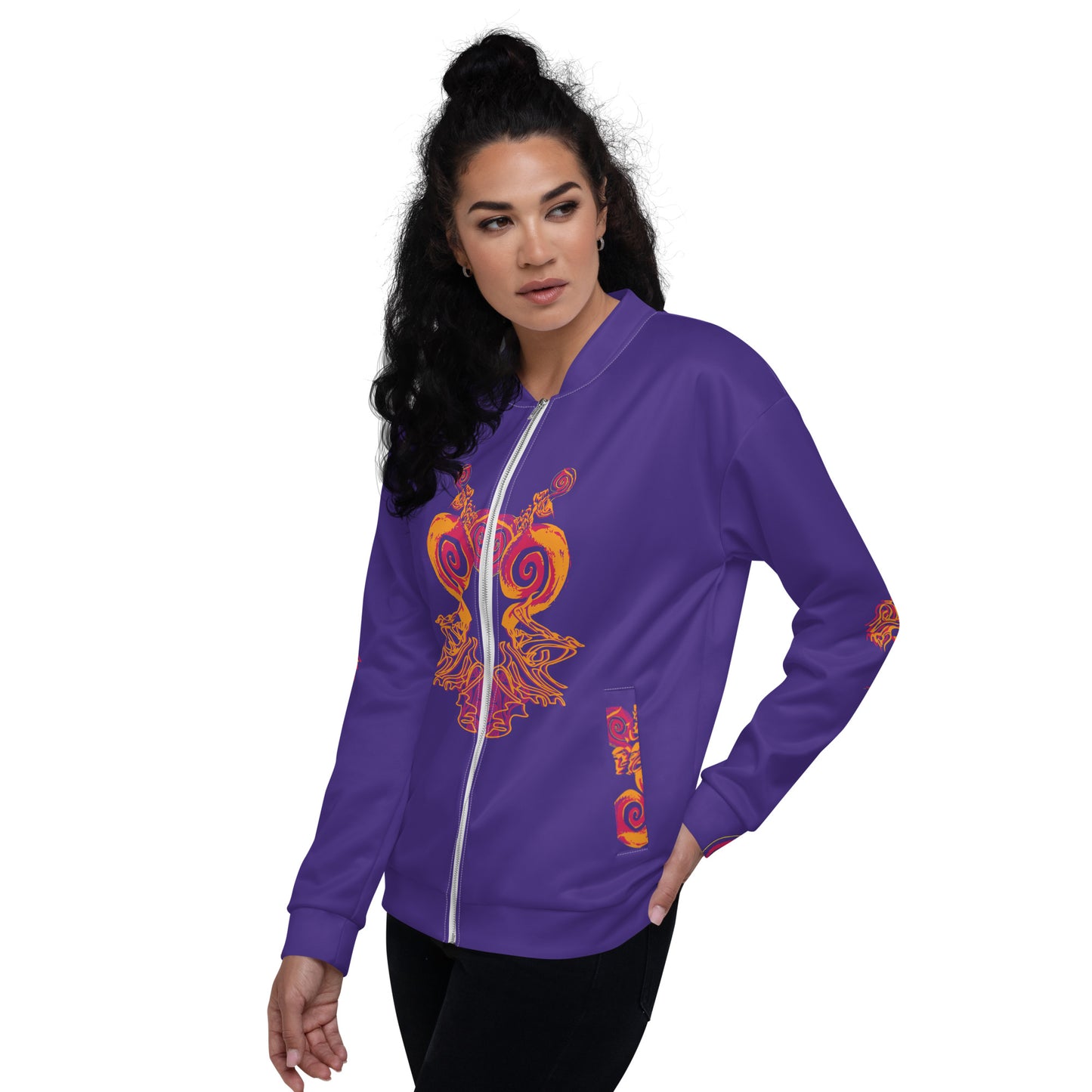 Side view of an old purple bomber jacket with vibrant orange and red culturally inspired patterns, featuring mirrored face design and swirling motifs — expressive fashion from KLOE’s The Secret Chambers of I & I collection, on a model.