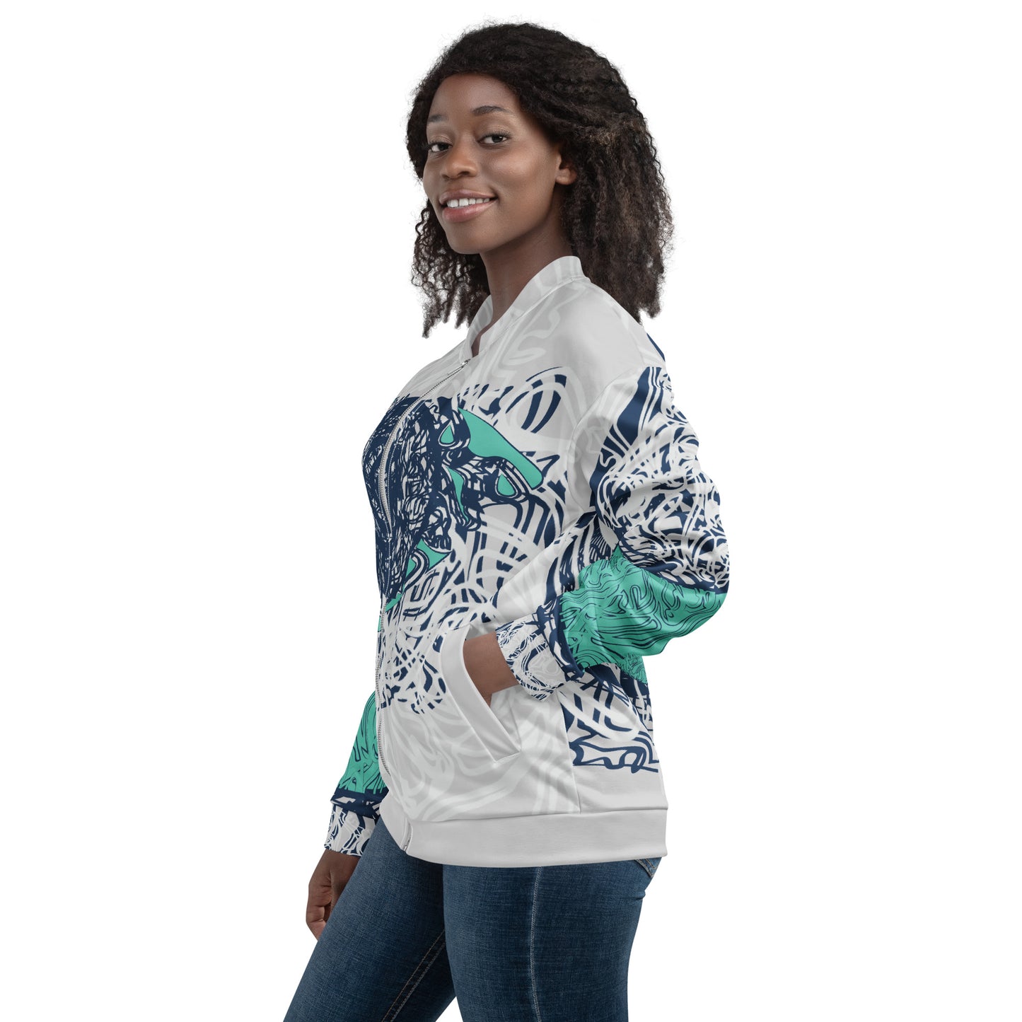 Unisex bomber jacket with full-body abstract print in navy and jade, featuring hand-drawn mirrored faces and layered spiral motifs—designed for standout individuality.