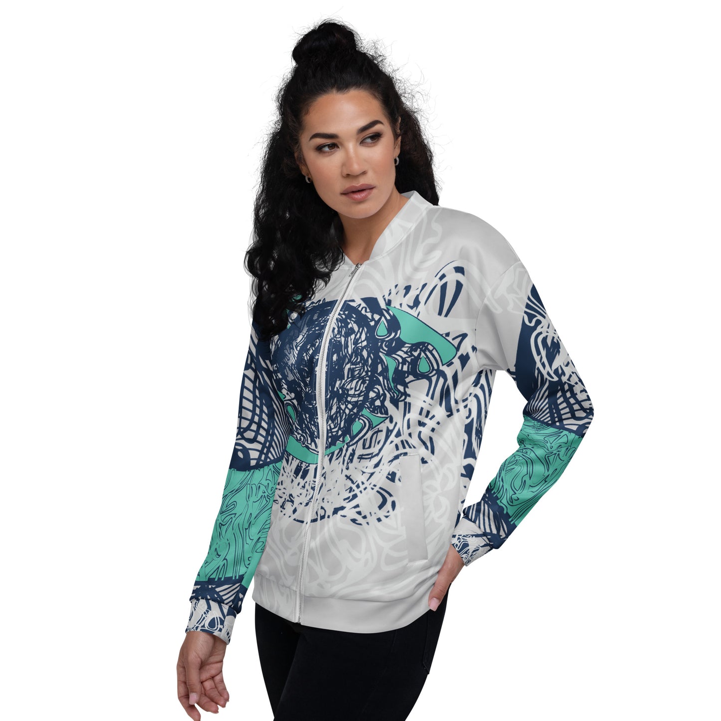 Unisex bomber jacket with full-body abstract print in navy and jade, featuring hand-drawn mirrored faces and layered spiral motifs—designed for standout individuality.