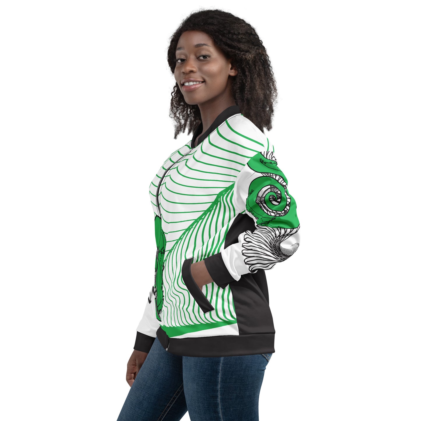 Hand-illustrated unisex bomber jacket featuring bold green spirals and a drawing of two mirrored faces — designed for fearless self-expression and rooted in global artistic influence, exclusive to KLOE.