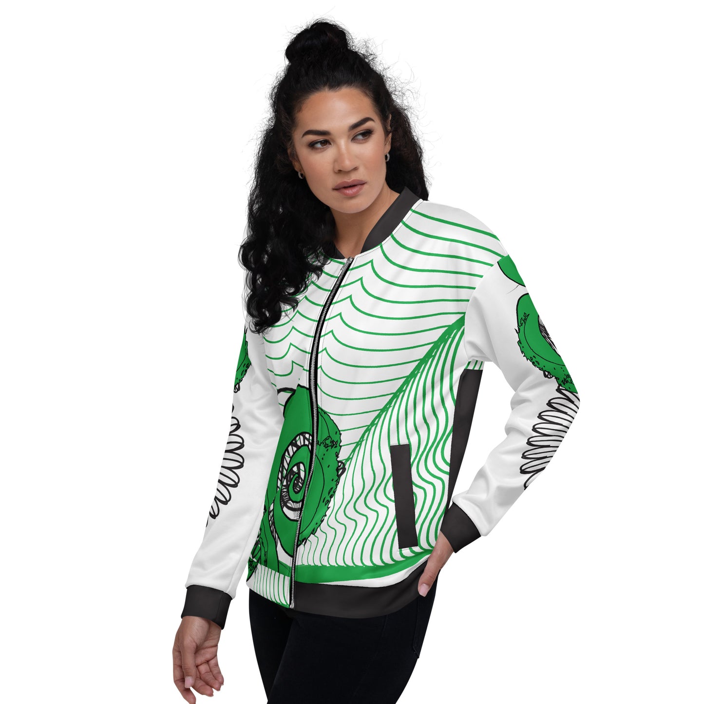 Hand-illustrated unisex bomber jacket featuring bold green spirals and a drawing of two mirrored faces — designed for fearless self-expression and rooted in global artistic influence, exclusive to KLOE.