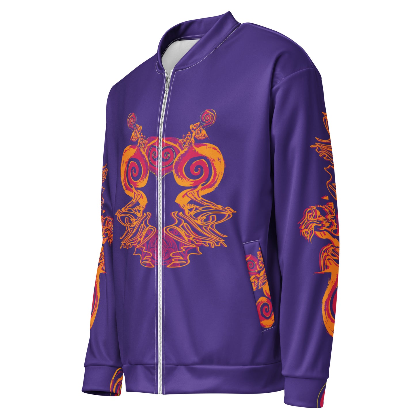 Front view of an old purple bomber jacket with vibrant orange and red culturally inspired patterns, featuring mirrored face design and swirling motifs — expressive fashion from KLOE’s The Secret Chambers of I & I collection.