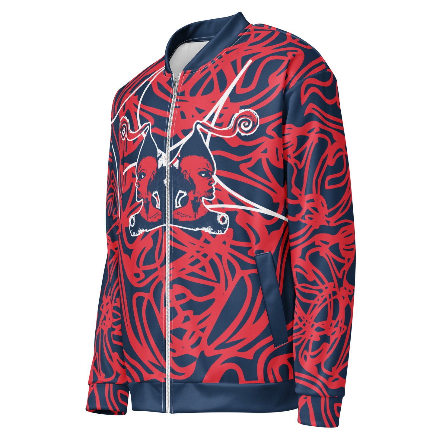 Bold navy and red streetwear bomber jacket featuring hand-drawn tribal patterns and mirrored face design, culturally inspired and crafted for a modern, edgy look – KLOE fashion.
