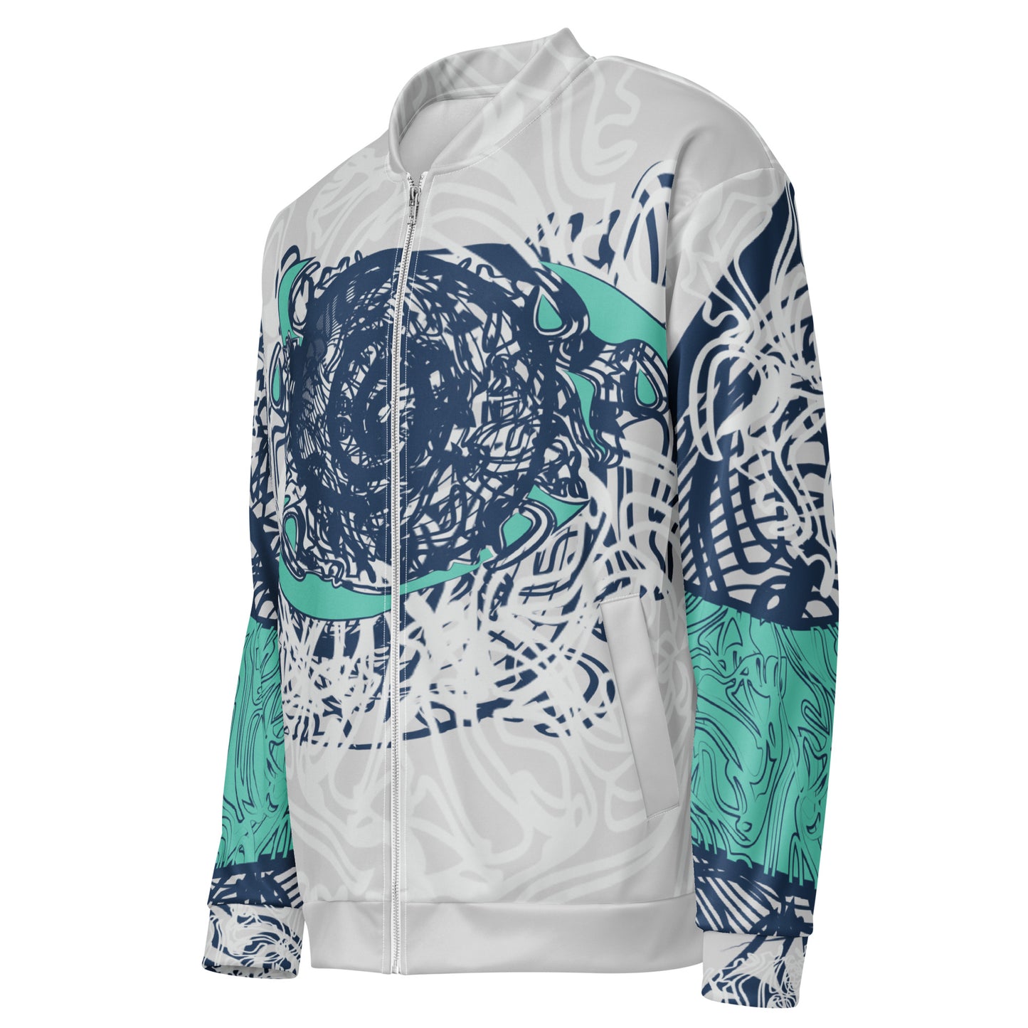 Unisex bomber jacket with full-body abstract print in navy and jade, featuring hand-drawn mirrored faces and layered spiral motifs—designed for standout individuality.