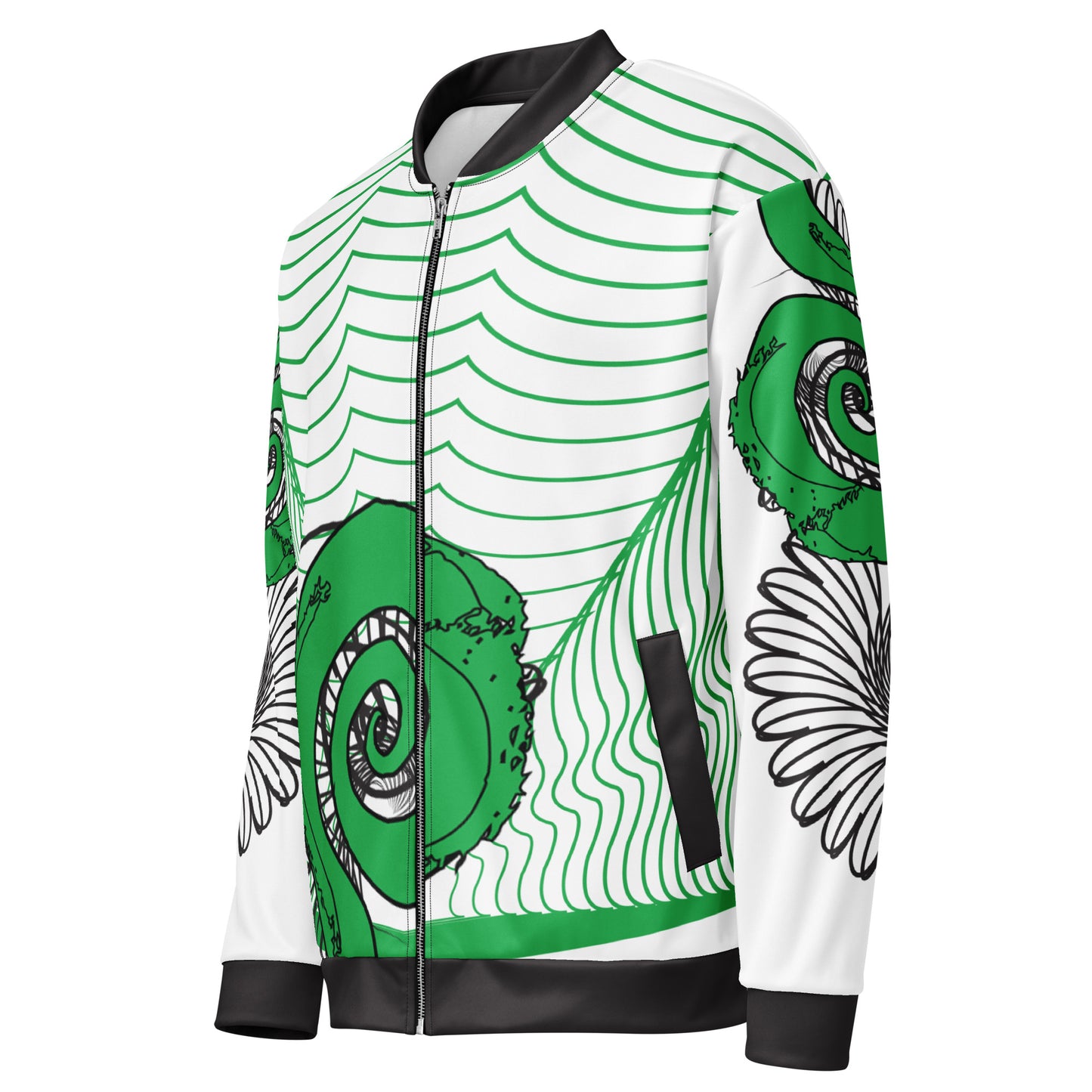 Hand-illustrated unisex bomber jacket featuring bold green spirals and a drawing of two mirrored faces — designed for fearless self-expression and rooted in global artistic influence, exclusive to KLOE.