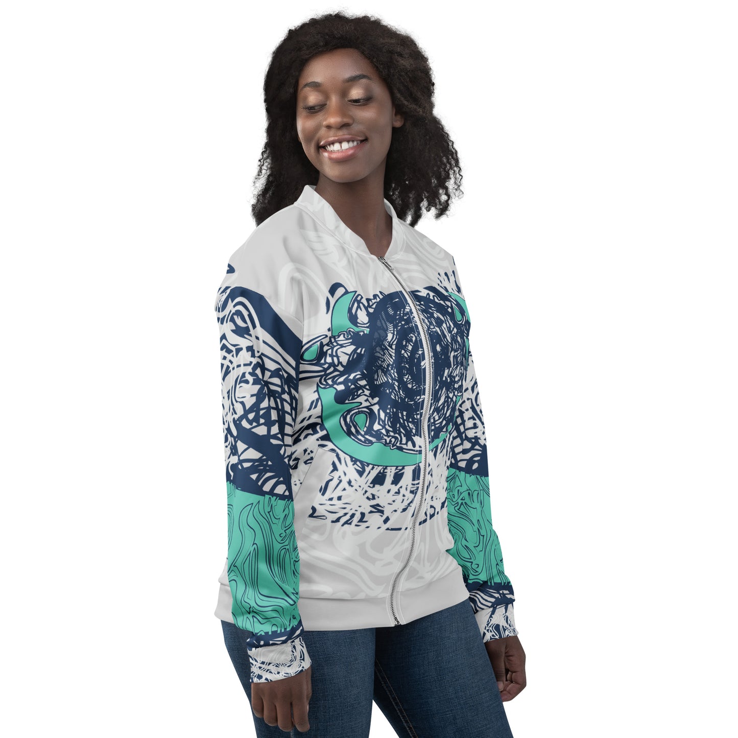 Unisex bomber jacket with full-body abstract print in navy and jade, featuring hand-drawn mirrored faces and layered spiral motifs—designed for standout individuality.