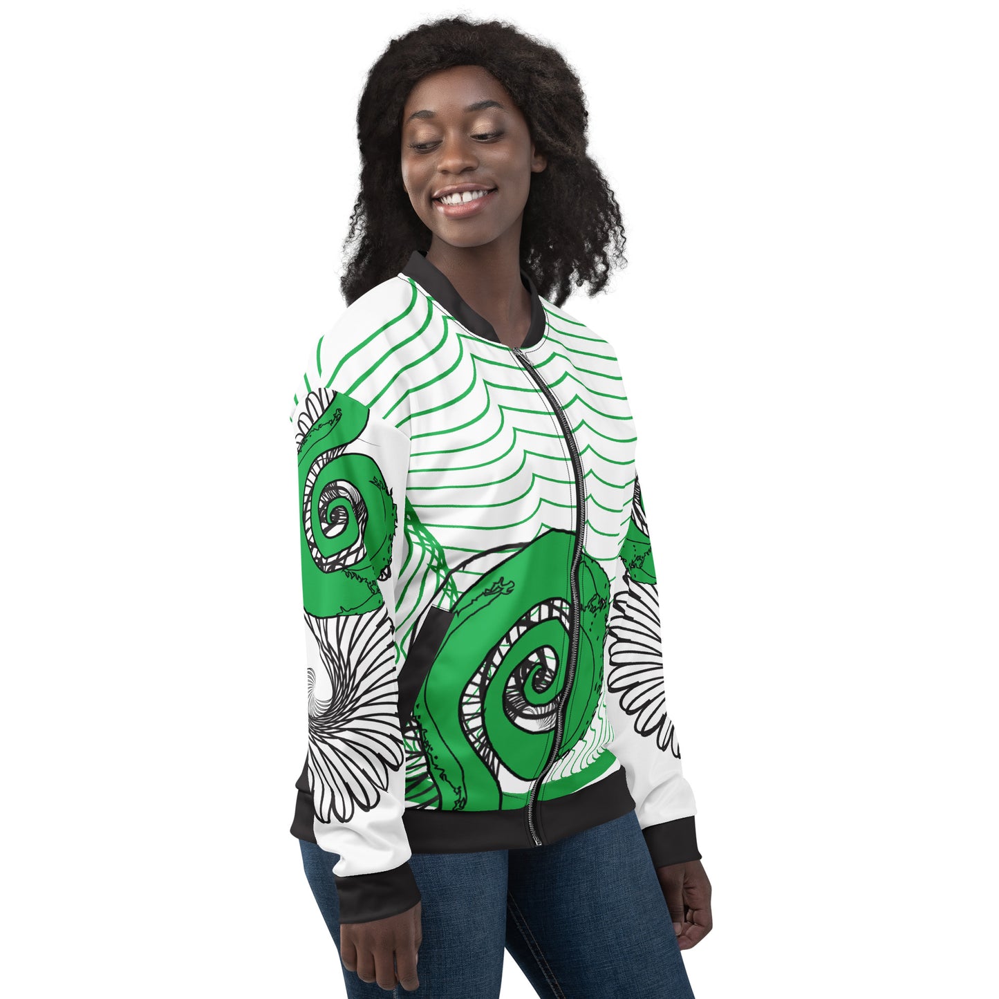 Hand-illustrated unisex bomber jacket featuring bold green spirals and a drawing of two mirrored faces — designed for fearless self-expression and rooted in global artistic influence, exclusive to KLOE.