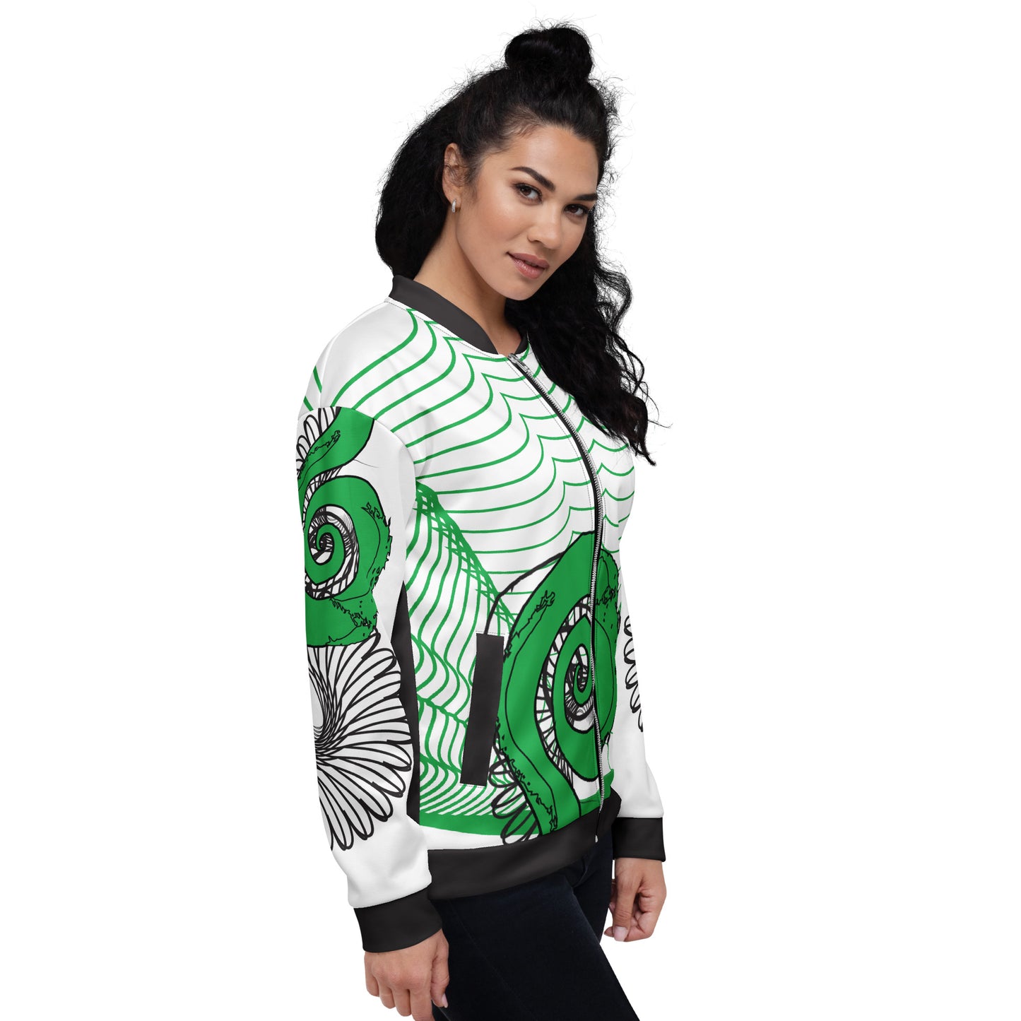 Hand-illustrated unisex bomber jacket featuring bold green spirals and a drawing of two mirrored faces — designed for fearless self-expression and rooted in global artistic influence, exclusive to KLOE.
