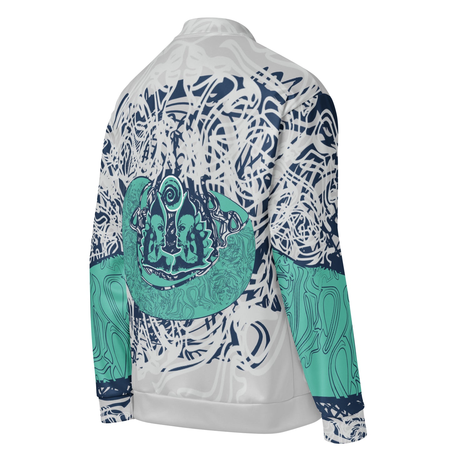 Unisex bomber jacket with full-body abstract print in navy and jade, featuring hand-drawn mirrored faces and layered spiral motifs—designed for standout individuality.