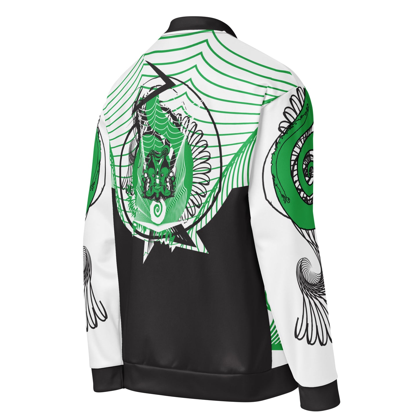 Hand-illustrated unisex bomber jacket featuring bold green spirals and a drawing of two mirrored faces — designed for fearless self-expression and rooted in global artistic influence, exclusive to KLOE.