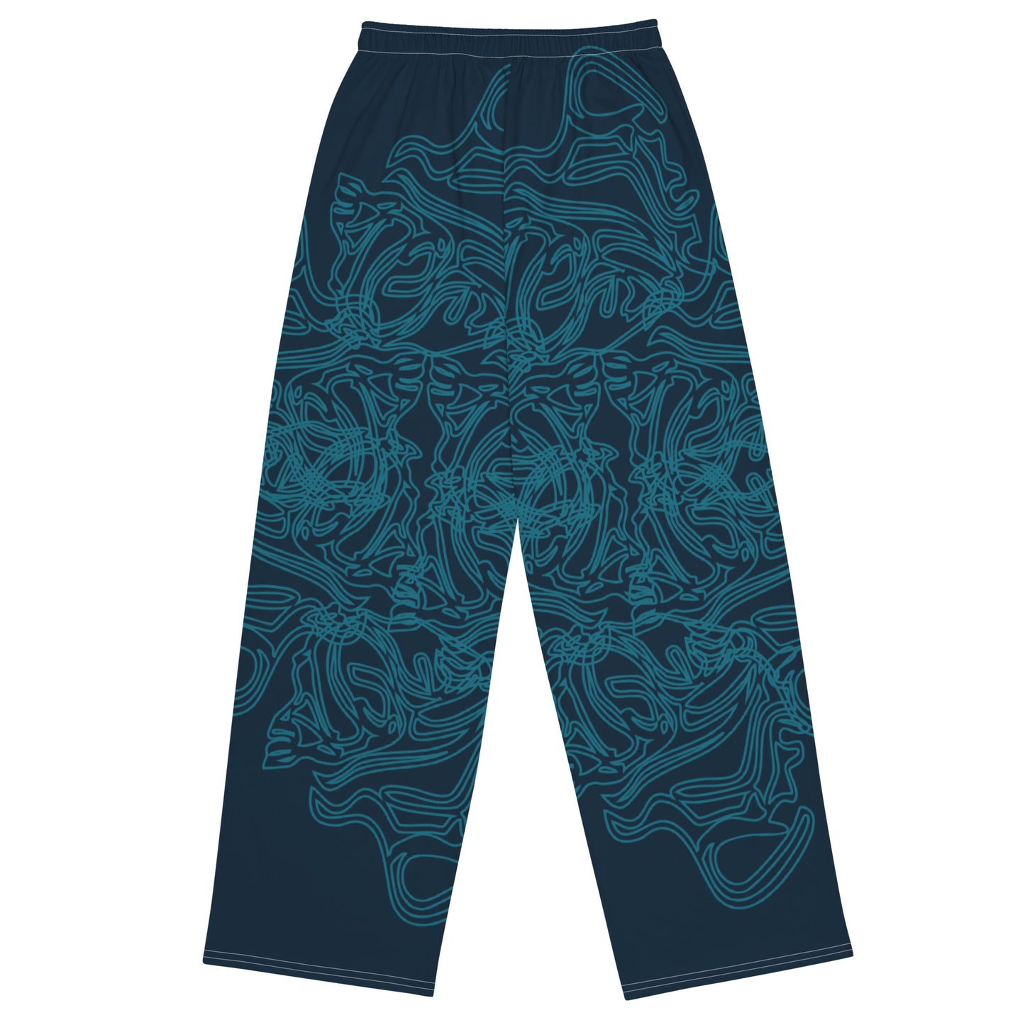 Navy blue wide-leg pants featuring intricate cyan linework, creating a fluid and artistic pattern for a bold statement look.
