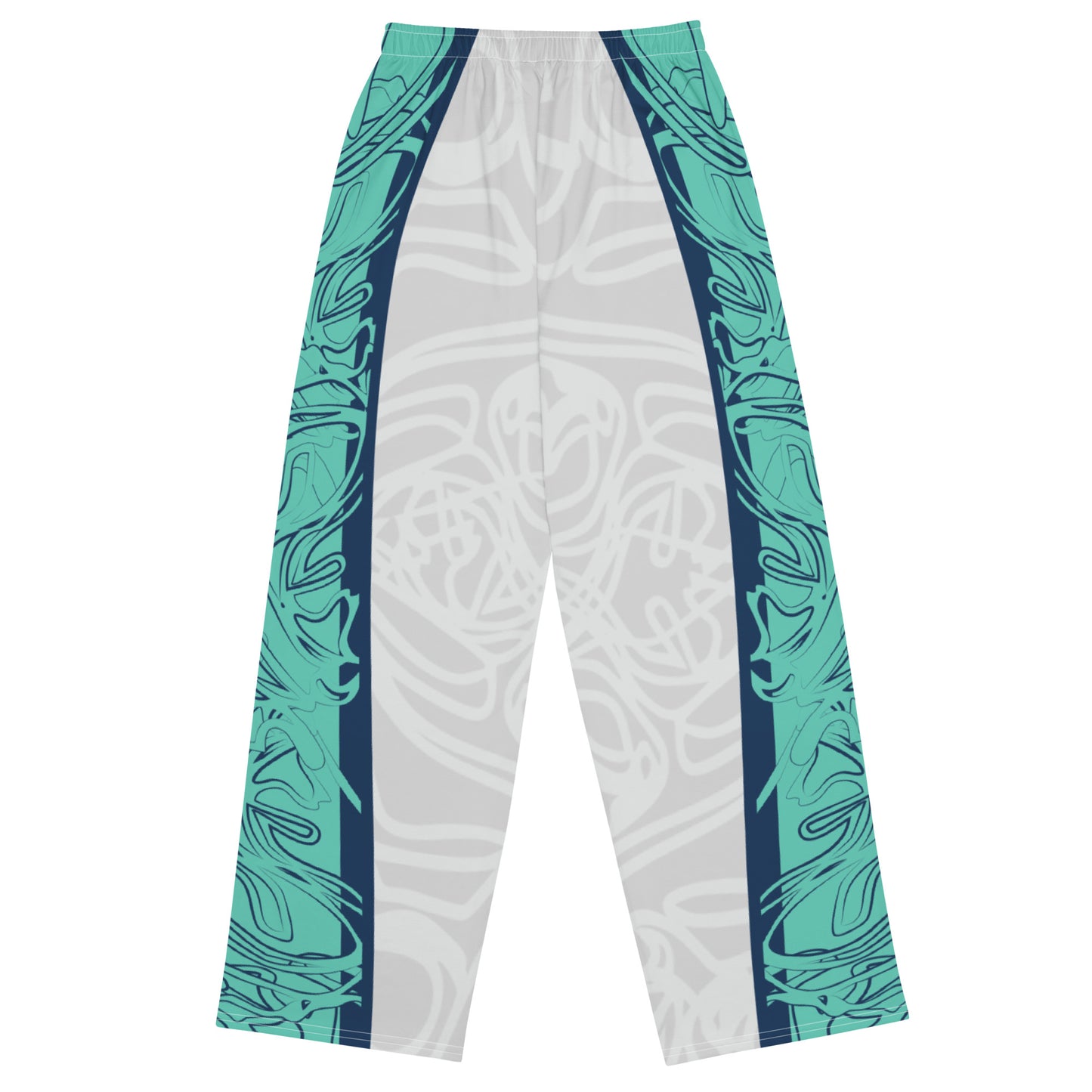 Unisex wide-leg pants with jade and navy abstract print, featuring dynamic spiral patterns and hand-drawn linework for a bold, artistic look.
