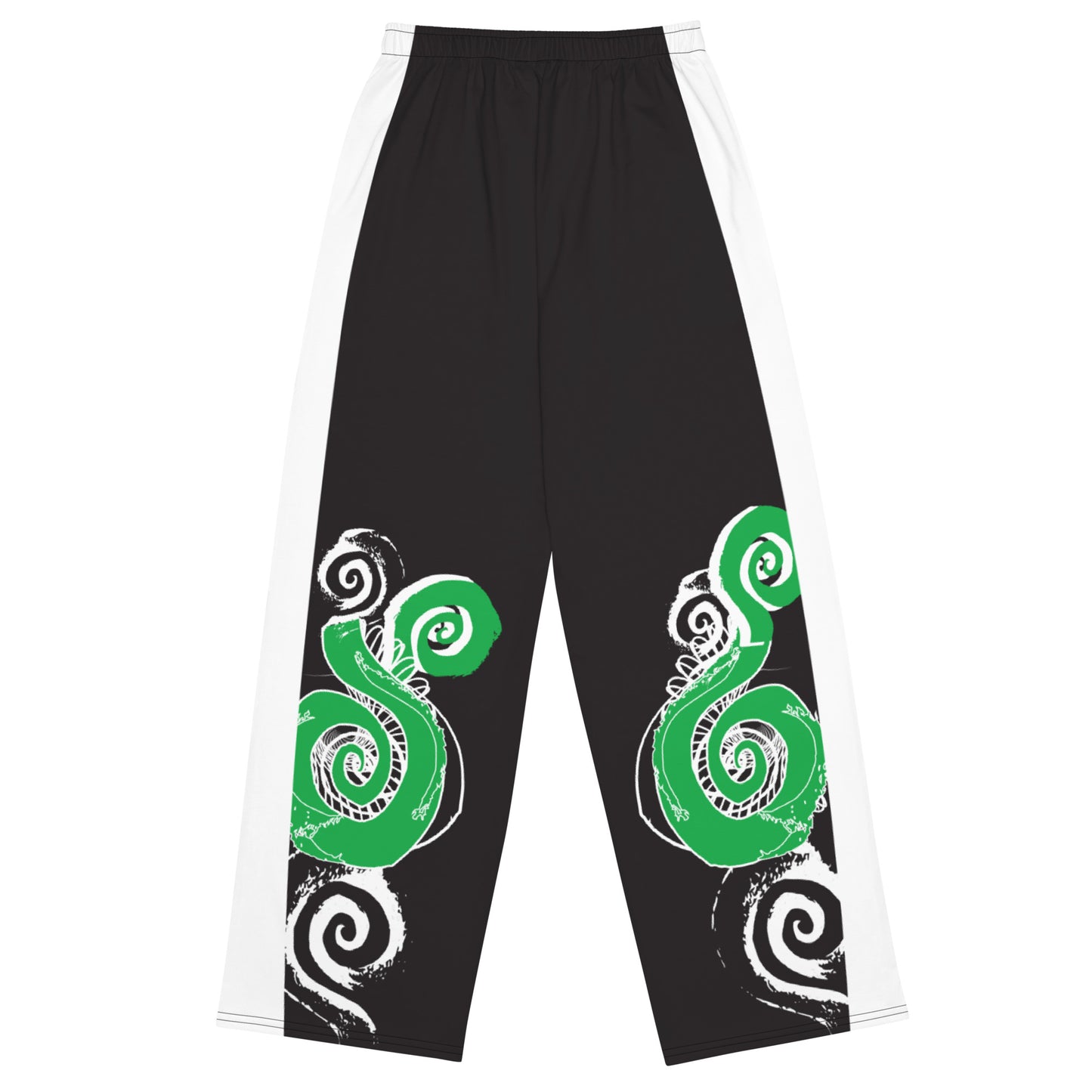 Hand-illustrated unisex wide-leg pants featuring bold green spirals and expressive linework — crafted for standout comfort, movement, and authentic self-expression, exclusive to KLOE.