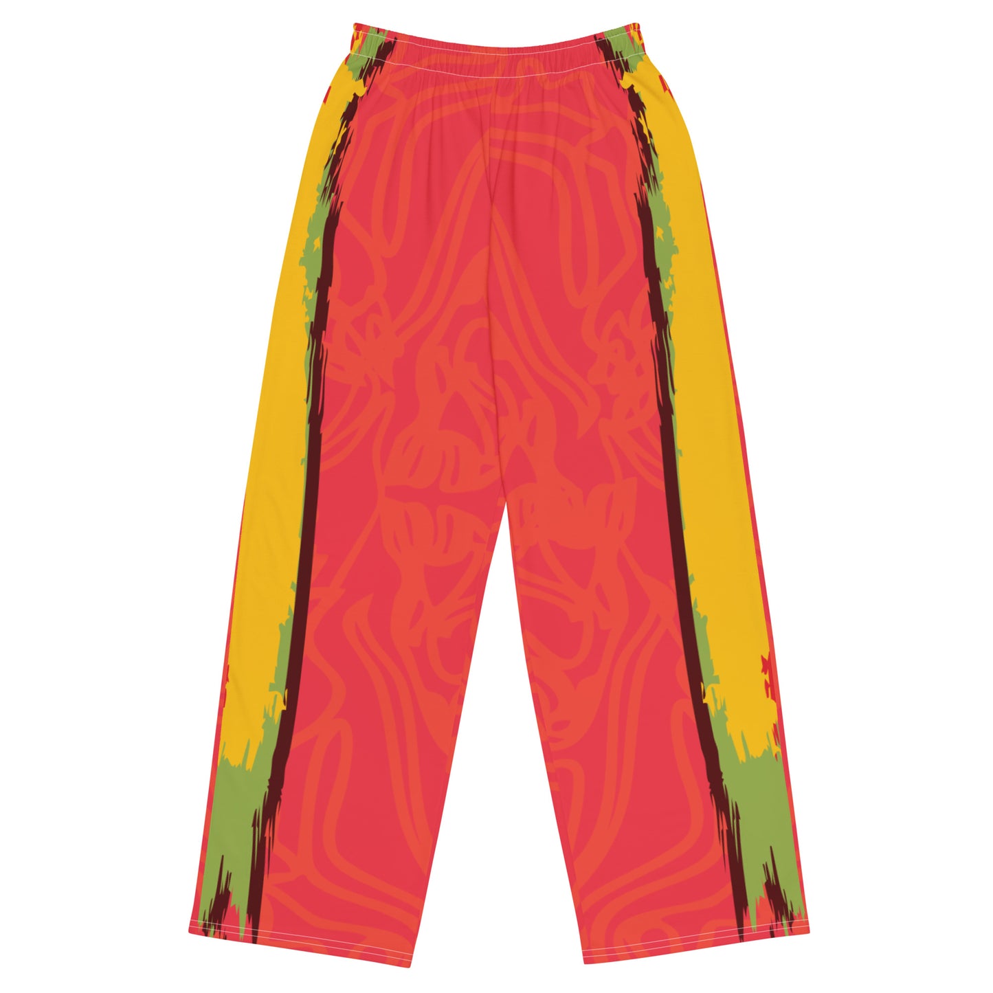 Wide-leg pants with a red base and abstract brushstroke side panels in yellow, green, and black, inspired by bold color play and cultural expression.