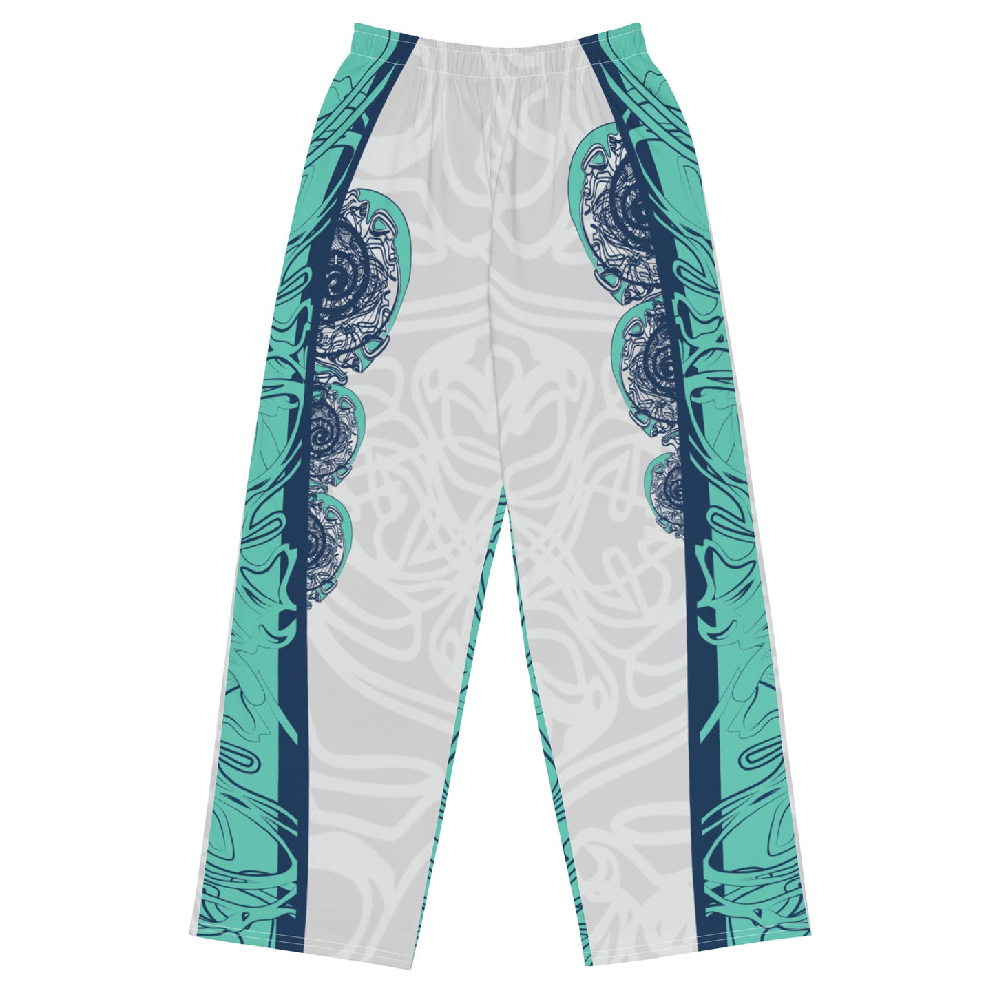 Unisex wide-leg pants with jade and navy abstract print, featuring dynamic spiral patterns and hand-drawn linework for a bold, artistic look.