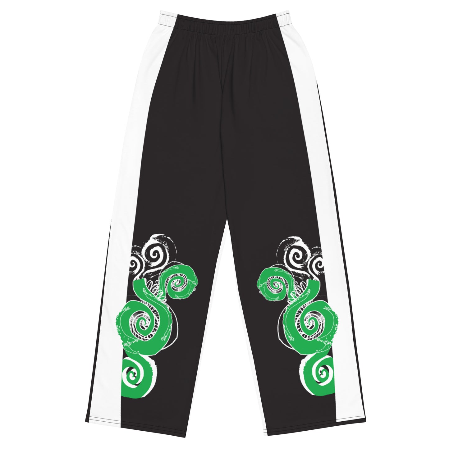 Hand-illustrated unisex wide-leg pants featuring bold green spirals and expressive linework — crafted for standout comfort, movement, and authentic self-expression, exclusive to KLOE.