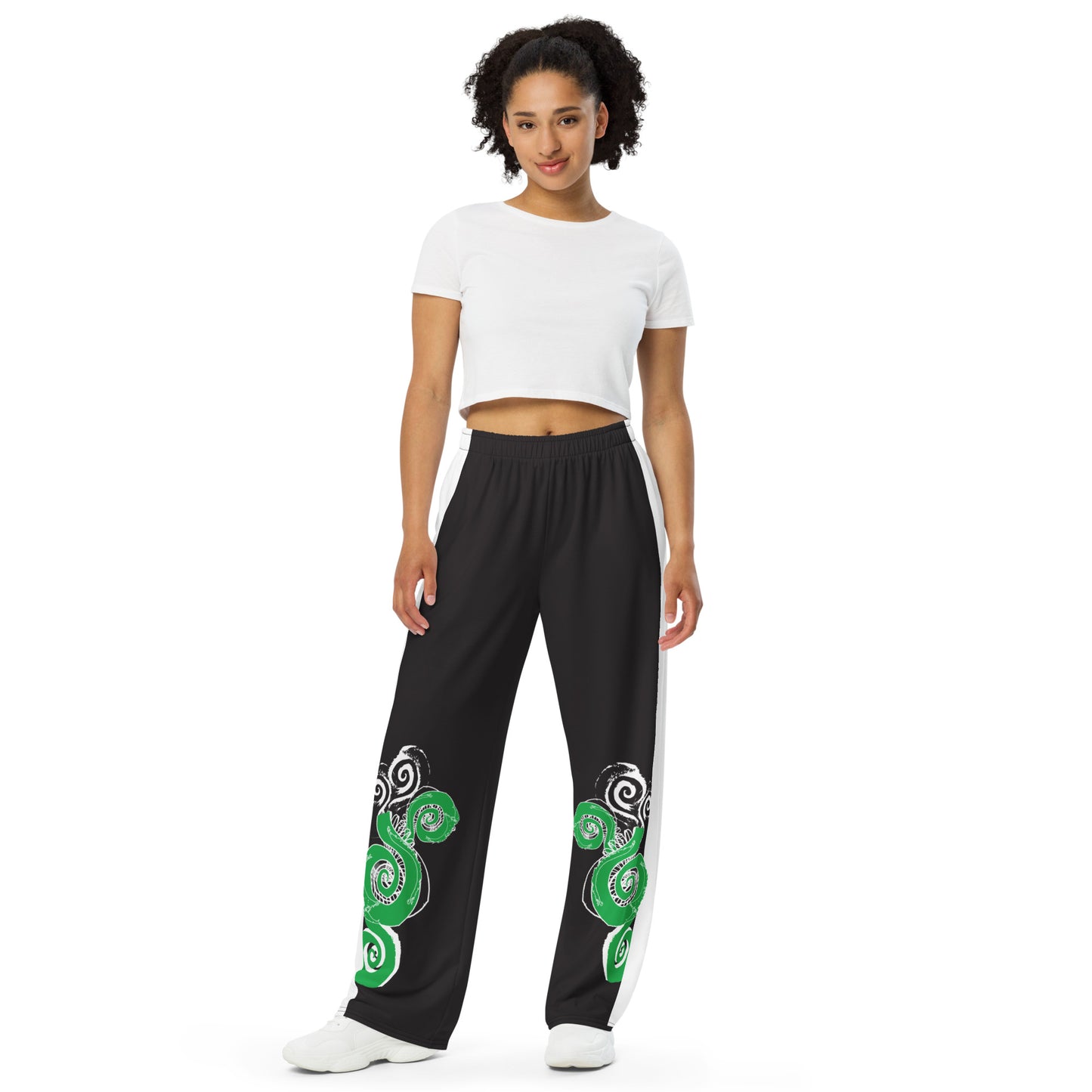 Hand-illustrated unisex wide-leg pants featuring bold green spirals and expressive linework — crafted for standout comfort, movement, and authentic self-expression, exclusive to KLOE.