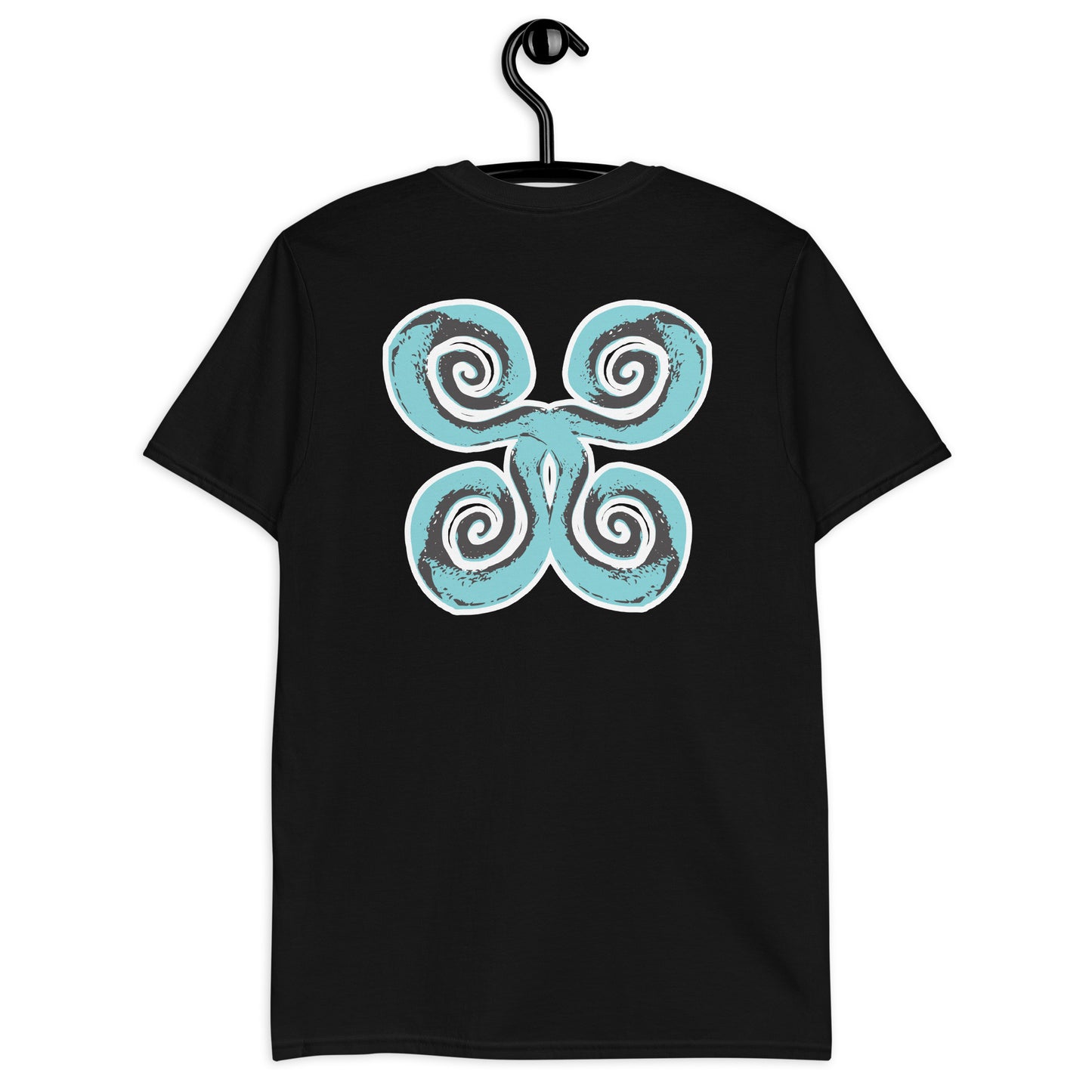 Back of black K.L.O.E. t-shirt, on a hanger, with a bold, artistic design featuring four interconnected spirals in black and teal, inspired by cultural symbolism and bohemian artistry.