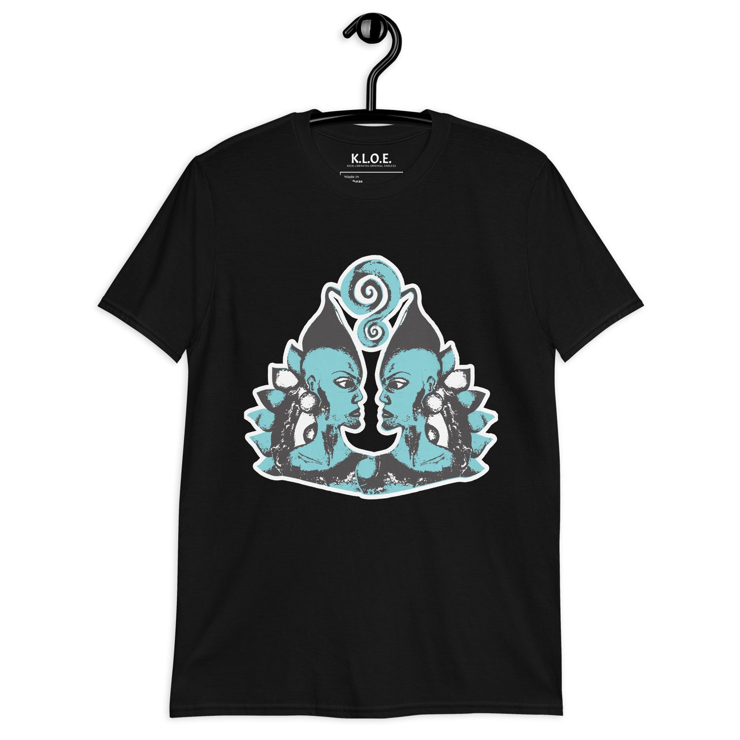 Front of black K.L.O.E. t-shirt, on
a hanger, showcasing a hand-drawn design of two mirrored faces in black and teal, embodying culturally inspired, bohemian style fashion focused on individuality and artistic expression.