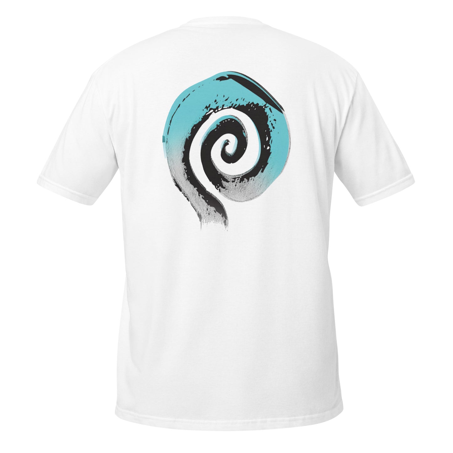Back of white K.L.O.E. t-shirt featuring a bold, hand-drawn spiral design in black and teal, inspired by global art motifs and symbolizing expressive, culturally inspired fashion.