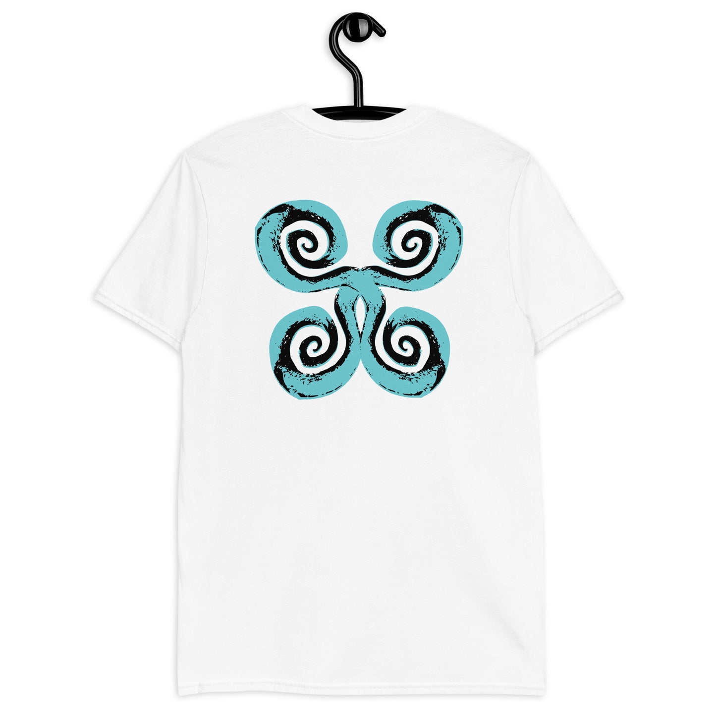Back of white K.L.O.E. t-shirt, on a hanger, with a bold, artistic design featuring four interconnected spirals in black and teal, inspired by cultural symbolism and bohemian artistry.