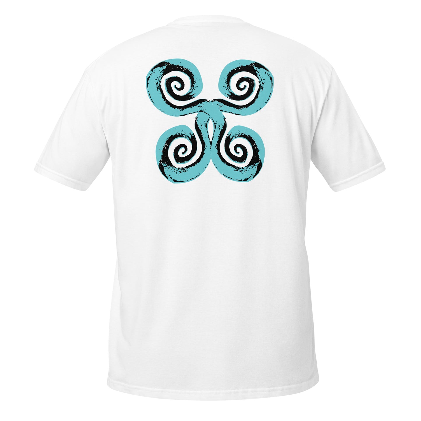 Back of white K.L.O.E. t-shirt with a bold, artistic design featuring four interconnected spirals in black and teal, inspired by cultural symbolism and bohemian artistry.