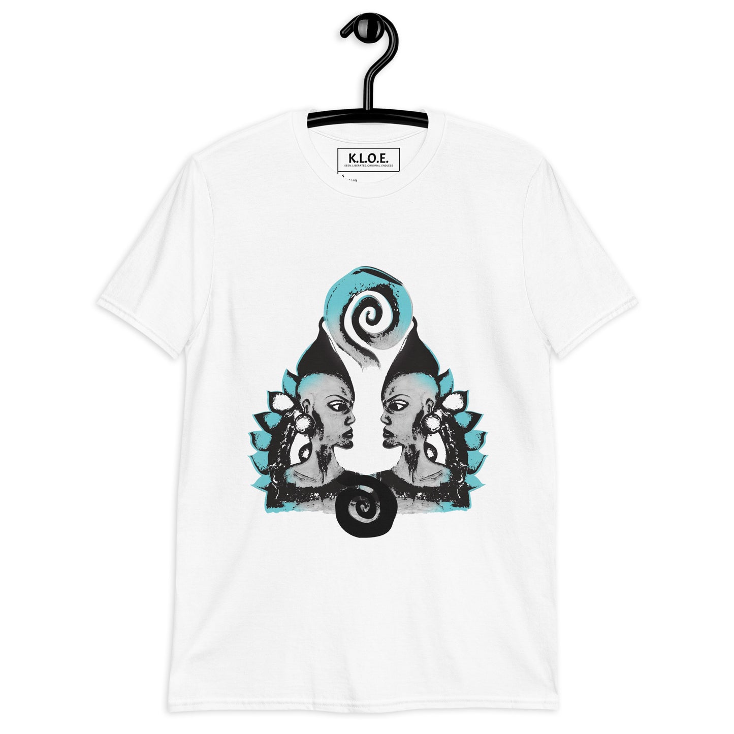 White K.L.O.E. t-shirt on a hanger, featuring a culturally inspired, hand-drawn design of two mirrored faces with bold, artistic details in black and teal, symbolizing self-expression and individuality in bohemian style clothing.