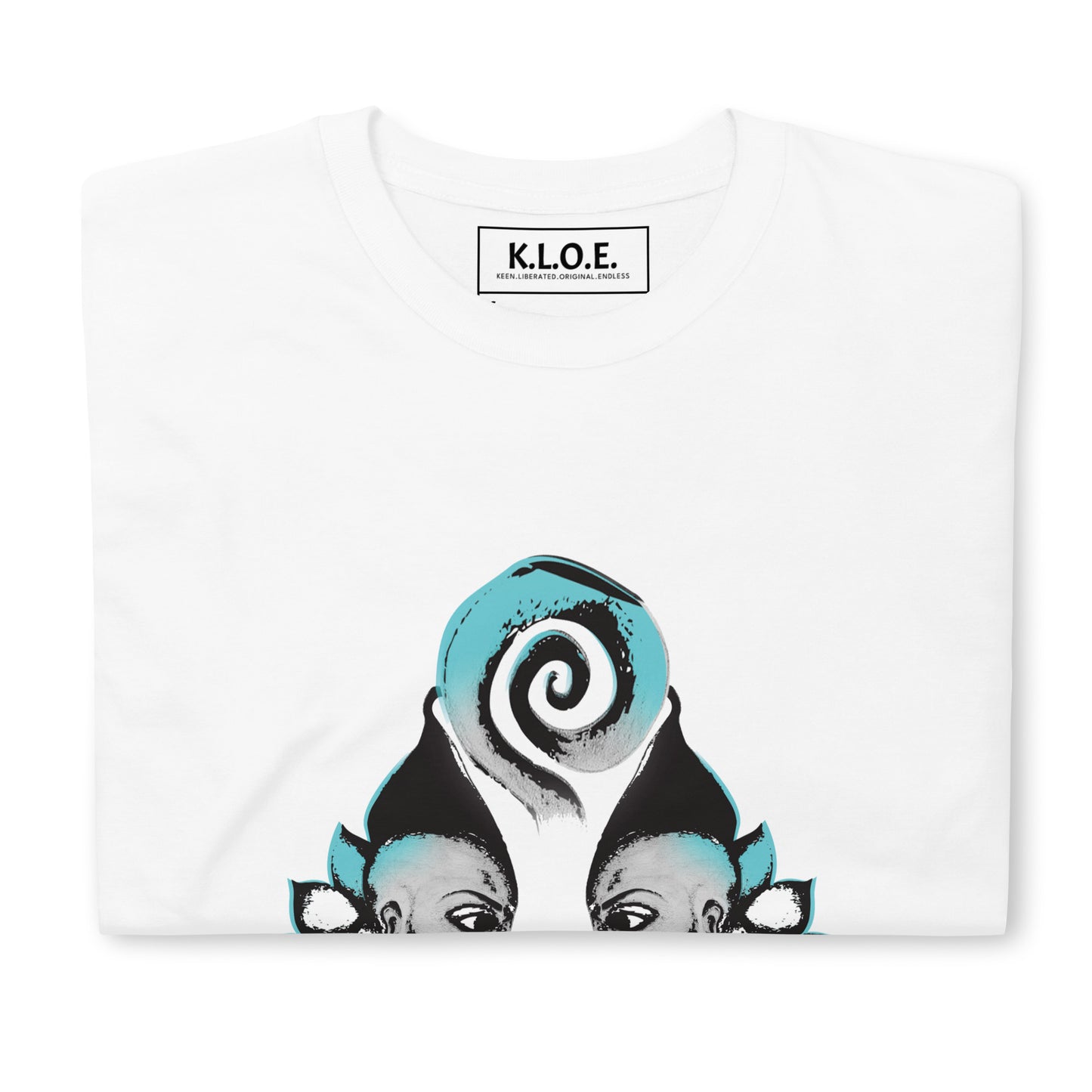 White K.L.O.E. t-shirt featuring a culturally inspired, hand-drawn design of two mirrored faces with bold, artistic details in black and teal, symbolizing self-expression and individuality in bohemian style clothing, folded, showing the inside label.