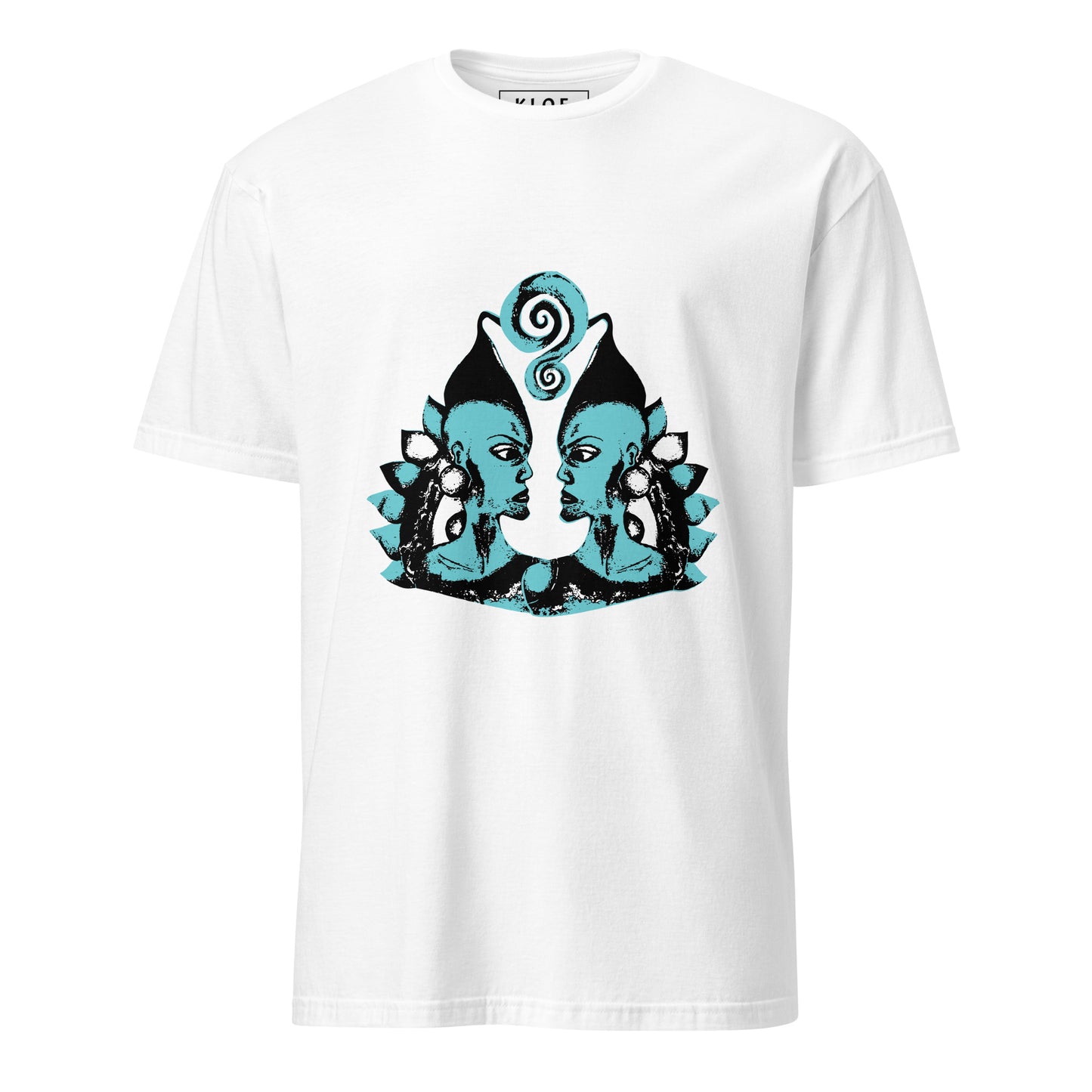 Front of white K.L.O.E. t-shirt showcasing a hand-drawn design of two mirrored faces in black and teal, embodying culturally inspired, bohemian style fashion focused on individuality and artistic expression.