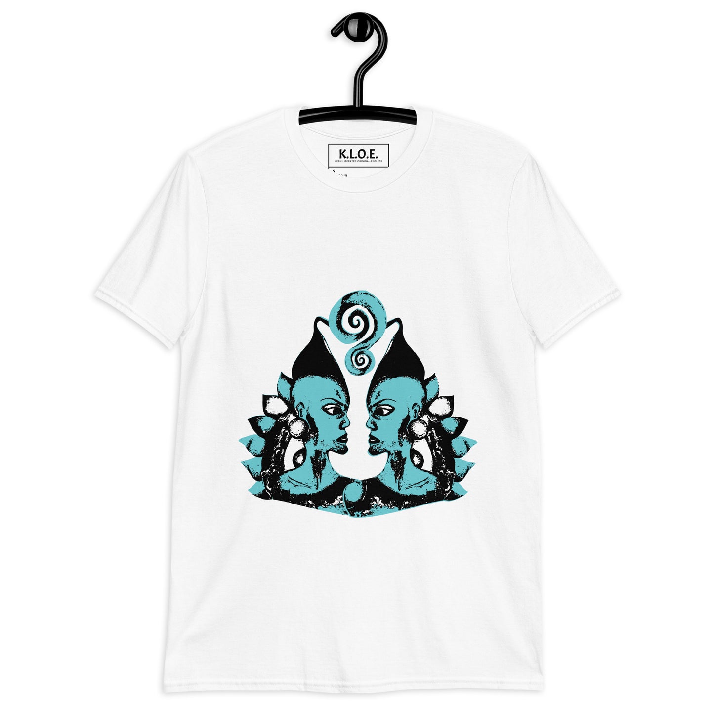 Front of white K.L.O.E. t-shirt, on a hanger, showcasing a hand-drawn design of two mirrored faces in black and teal, embodying culturally inspired, bohemian style fashion focused on individuality and artistic expression.