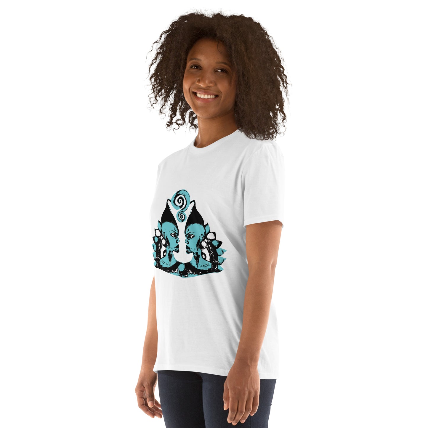 A model wearing white K.L.O.E. t-shirt showcasing a hand-drawn design of two mirrored faces in black and teal, embodying culturally inspired, bohemian style fashion focused on individuality and artistic expression.