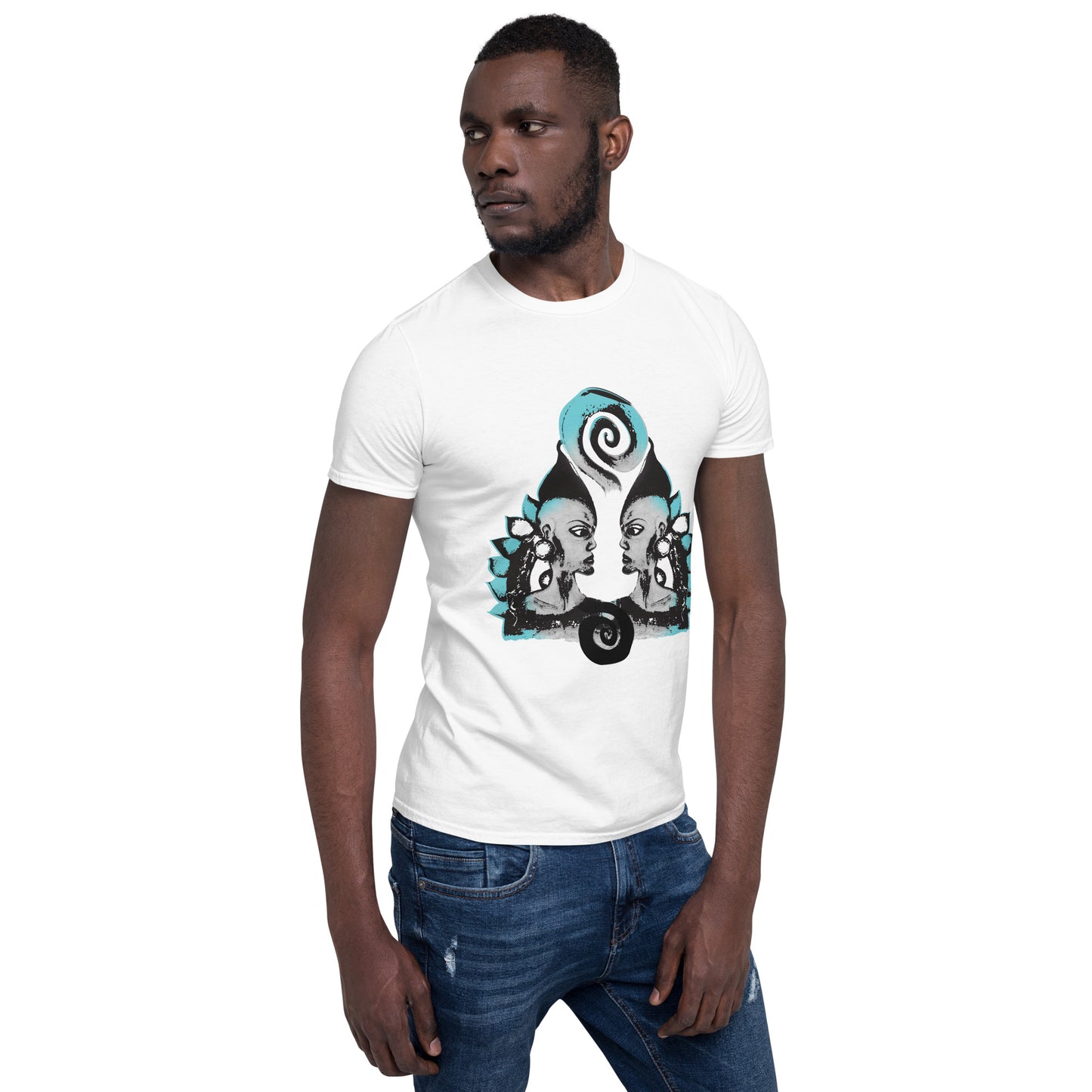A male model wearing white K.L.O.E. t-shirt featuring a culturally inspired, hand-drawn design of two mirrored faces with bold, artistic details in black and teal, symbolizing self-expression and individuality in bohemian style clothing.