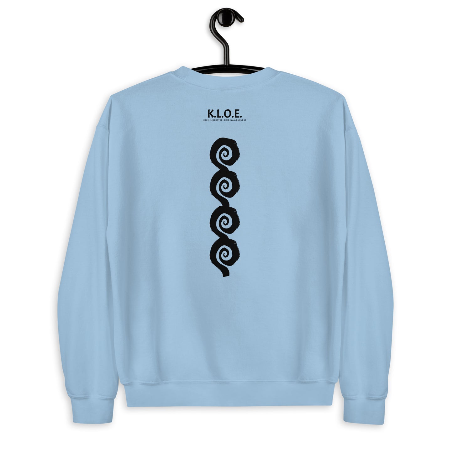 Back view of blue K.L.O.E. sweatshirt showcasing a bold, hand-drawn black spiral design symbolising creativity and individuality, with the K.L.O.E. logo above, reflecting modern bohemian style and artistic self-expression.