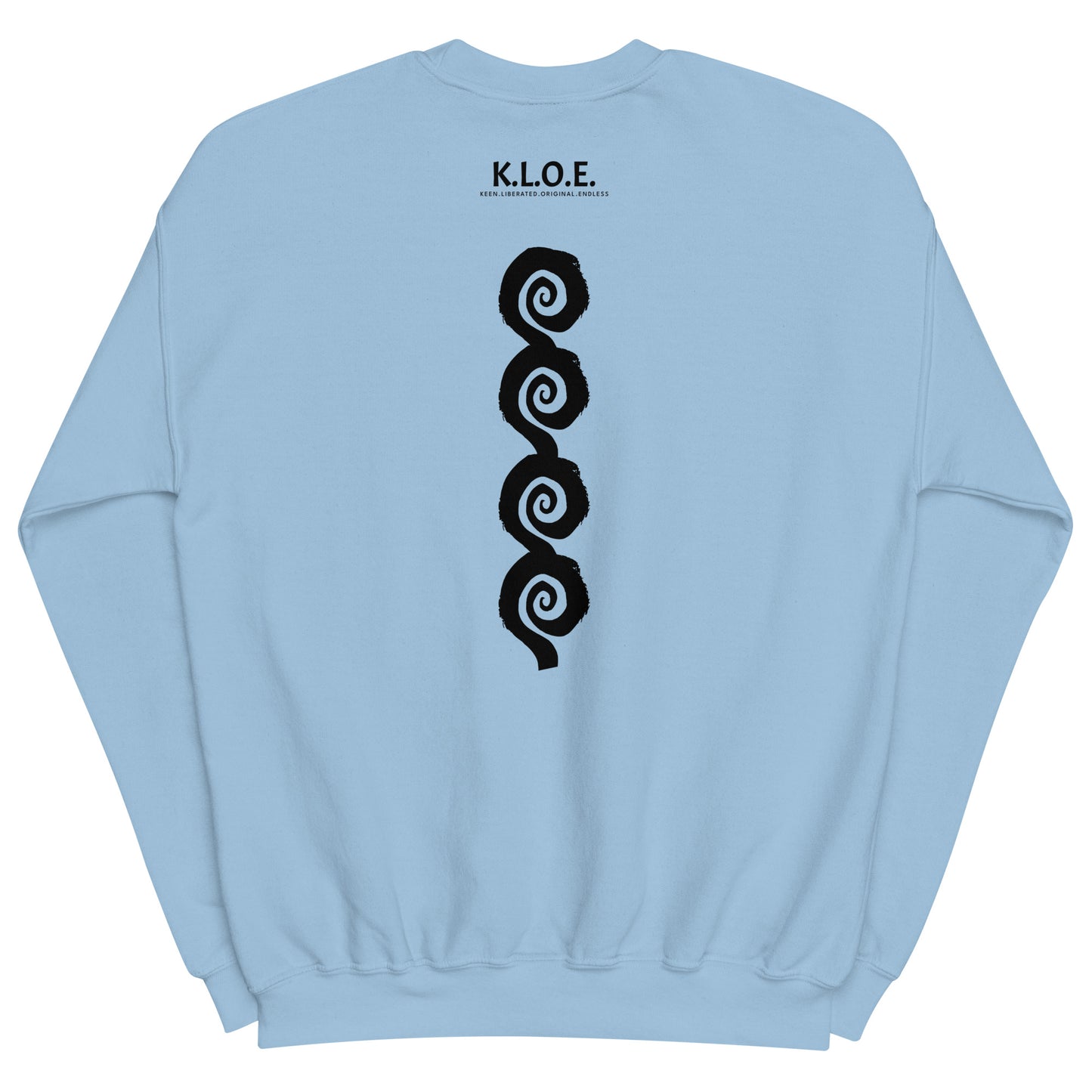Back view of blue K.L.O.E. sweatshirt showcasing a bold, hand-drawn black spiral design symbolising creativity and individuality, with the K.L.O.E. logo above, reflecting modern bohemian style and artistic self-expression.