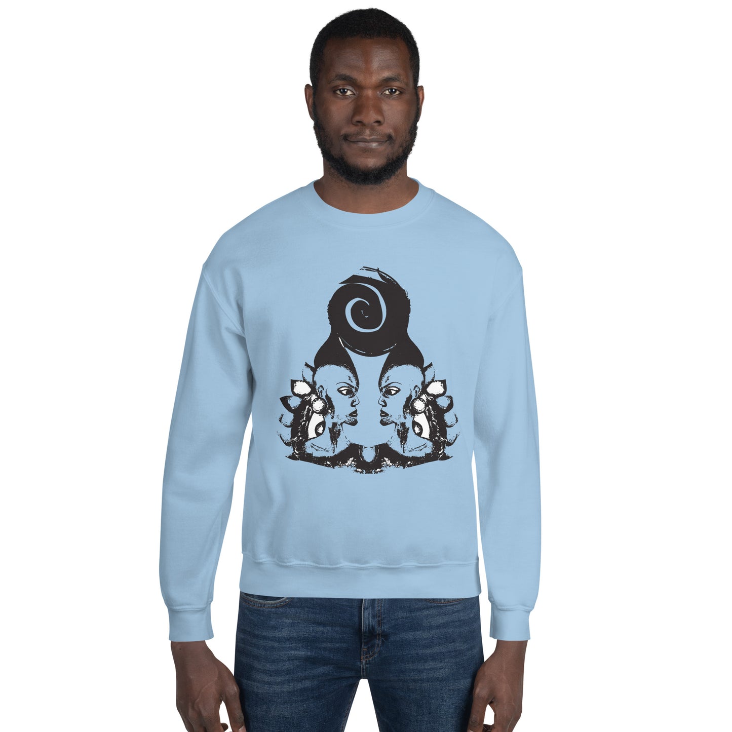 Male model wearing blue K.L.O.E. sweatshirt featuring a culturally inspired, hand-drawn design of two mirrored faces in bold black, showcasing unique artistry and self-expression in modern bohemian style clothing.