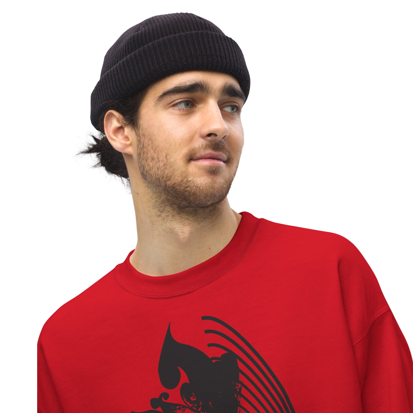 A model wearing red K.L.O.E. sweatshirt featuring a culturally inspired, hand-drawn black graphic of a bold, expressive face surrounded by intricate details, celebrating individuality and artistic self-expression in modern bohemian style fashion.