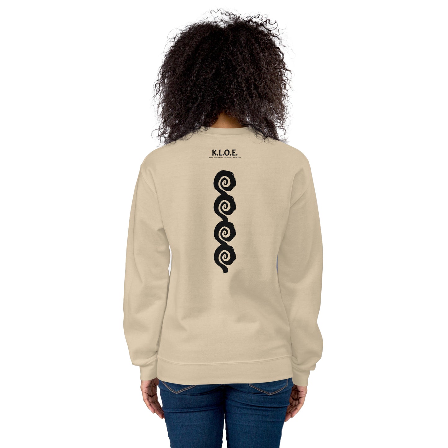 Back view of sand color K.L.O.E. sweatshirt showcasing a bold, hand-drawn black spiral design symbolising creativity and individuality, with the K.L.O.E. logo above, reflecting modern bohemian style and artistic self-expression, worn by a model.