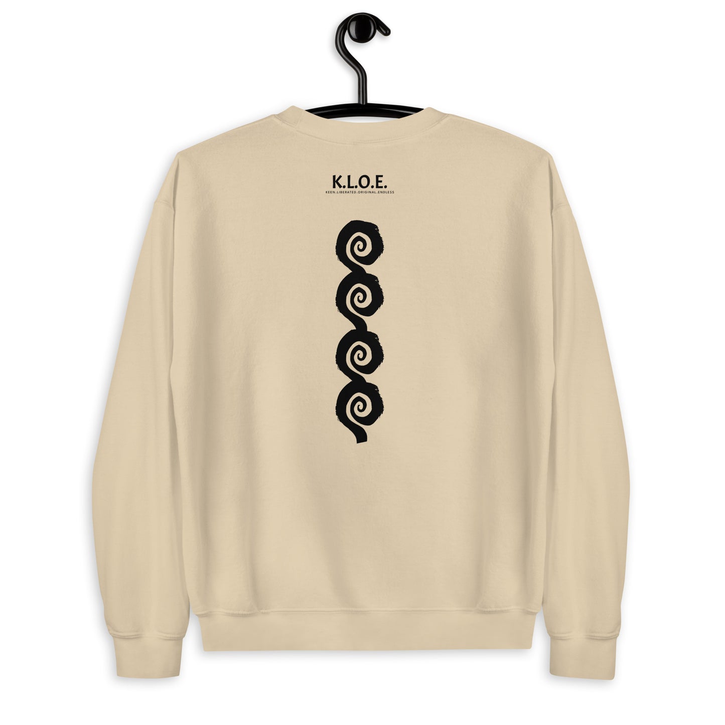 Back view of sand color K.L.O.E. sweatshirt showcasing a bold, hand-drawn black spiral design symbolising creativity and individuality, with the K.L.O.E. logo above, reflecting modern bohemian style and artistic self-expression.