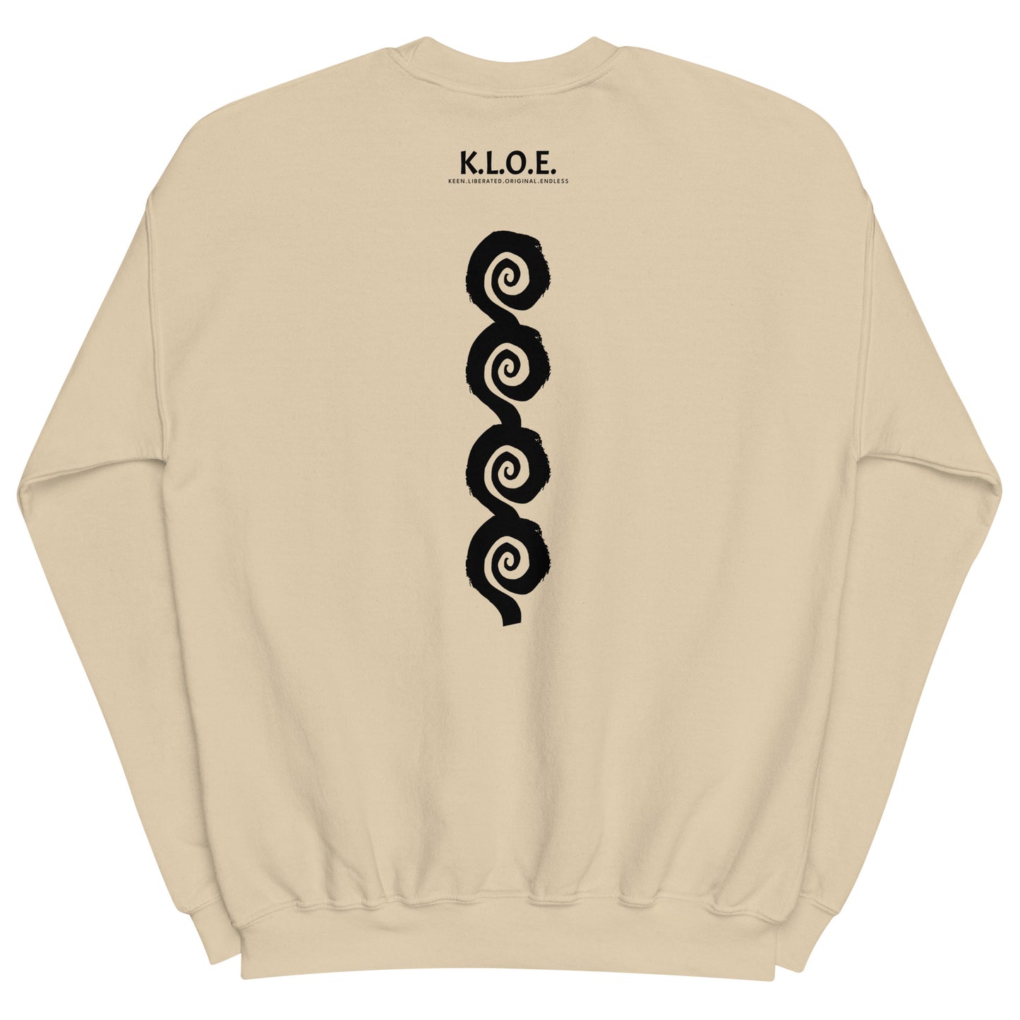 Back view of sand color K.L.O.E. sweatshirt showcasing a bold, hand-drawn black spiral design symbolising creativity and individuality, with the K.L.O.E. logo above, reflecting modern bohemian style and artistic self-expression.