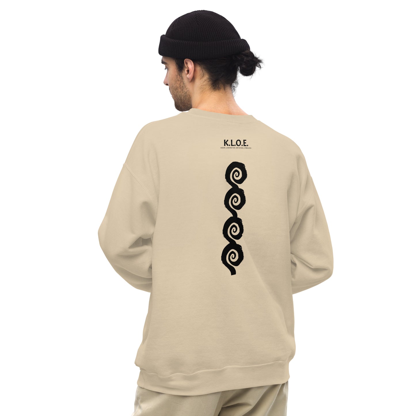 Back view of sand color K.L.O.E. sweatshirt showcasing a bold, hand-drawn black spiral design symbolising creativity and individuality, with the K.L.O.E. logo above, reflecting modern bohemian style and artistic self-expression, worn by a male model.