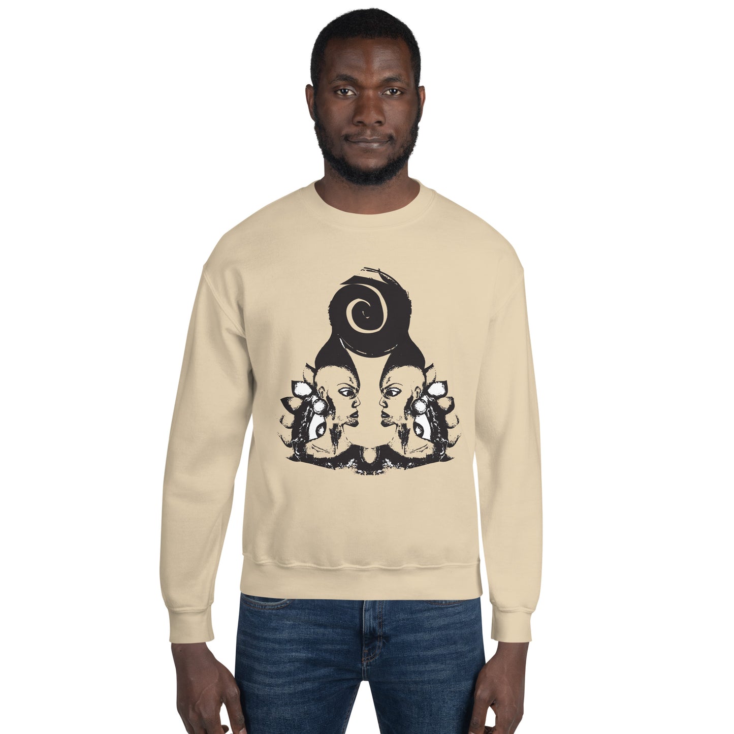 A male model wearing sand color K.L.O.E. sweatshirt featuring a culturally inspired, hand-drawn design of two mirrored faces in bold black, showcasing unique artistry and self-expression in modern bohemian style clothing.