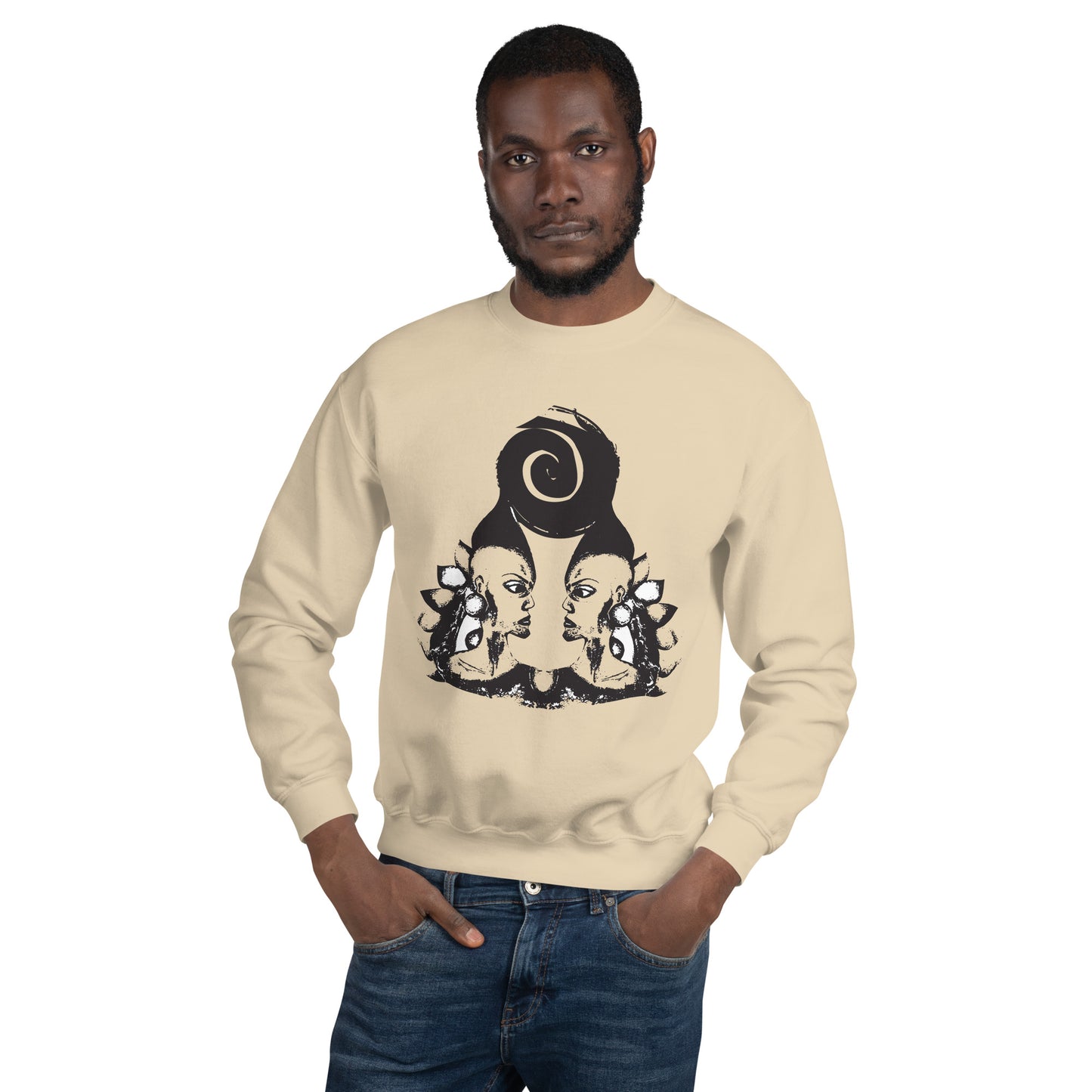 A male model wearing sand color K.L.O.E. sweatshirt featuring a culturally inspired, hand-drawn design of two mirrored faces in bold black, showcasing unique artistry and self-expression in modern bohemian style clothing.